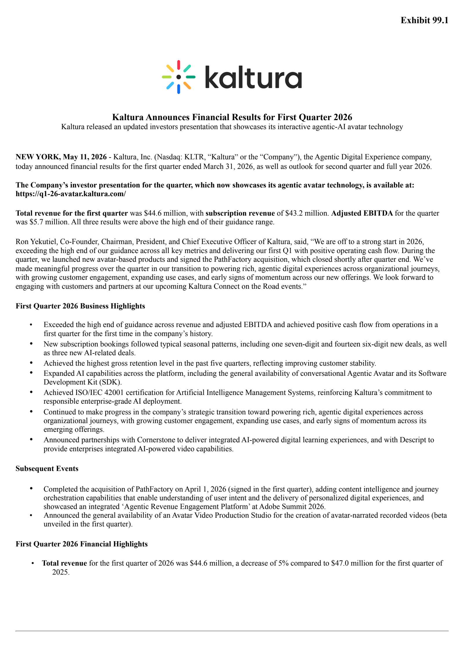 Kaltura's Q1 2026 Press Release