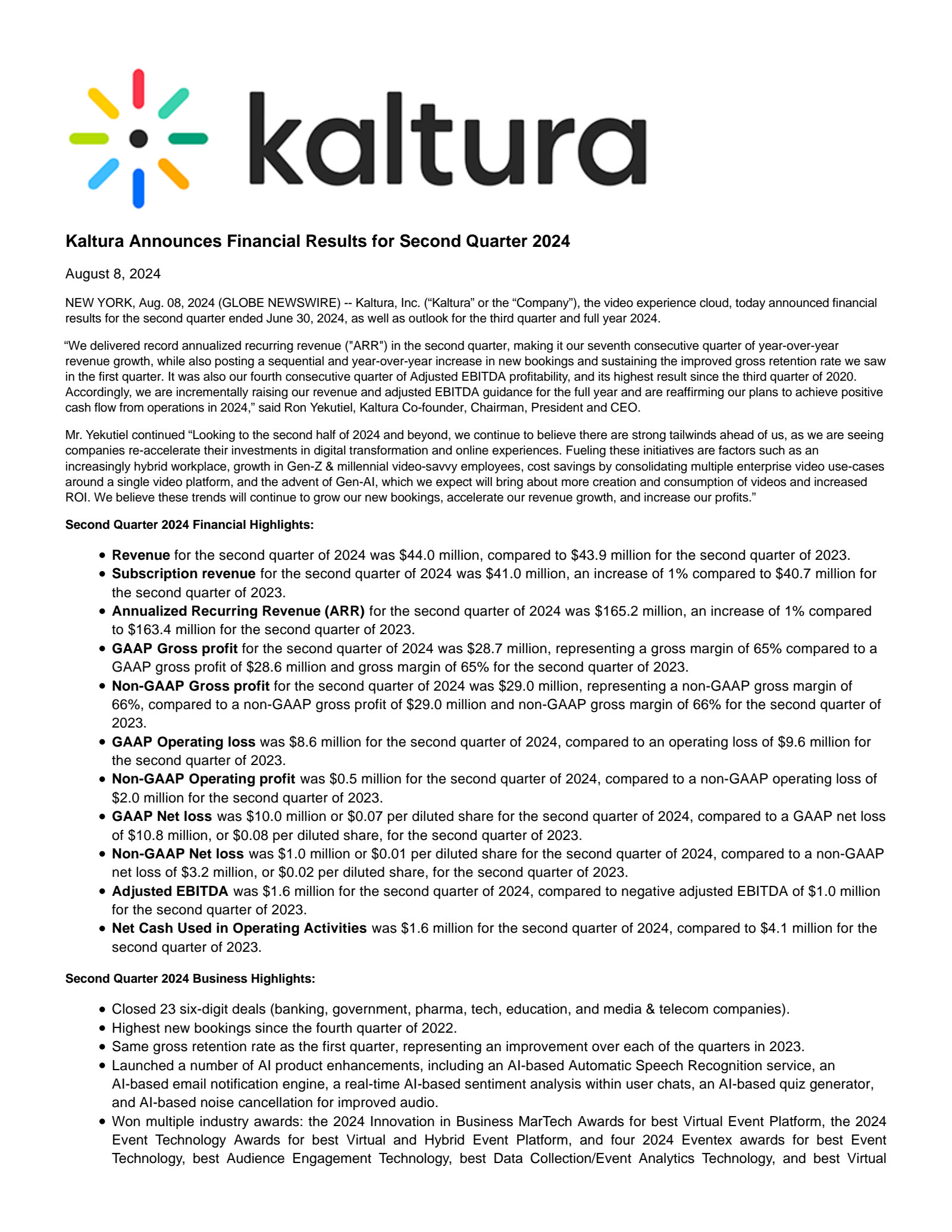 Kaltura's Q2 2024 Press Release