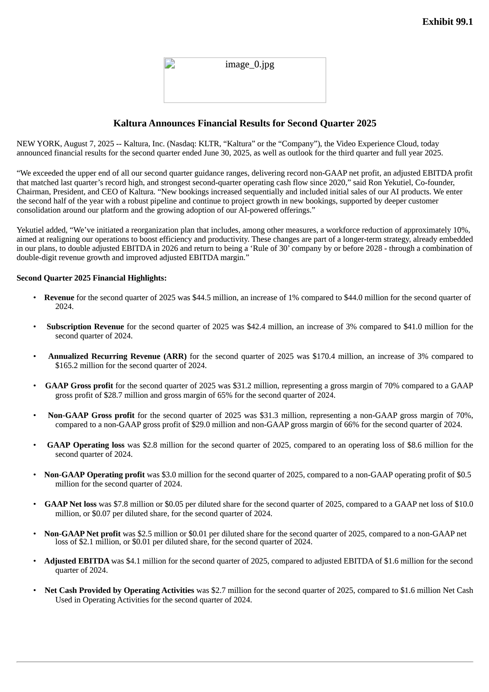 Kaltura's Q2 2025 Press Release