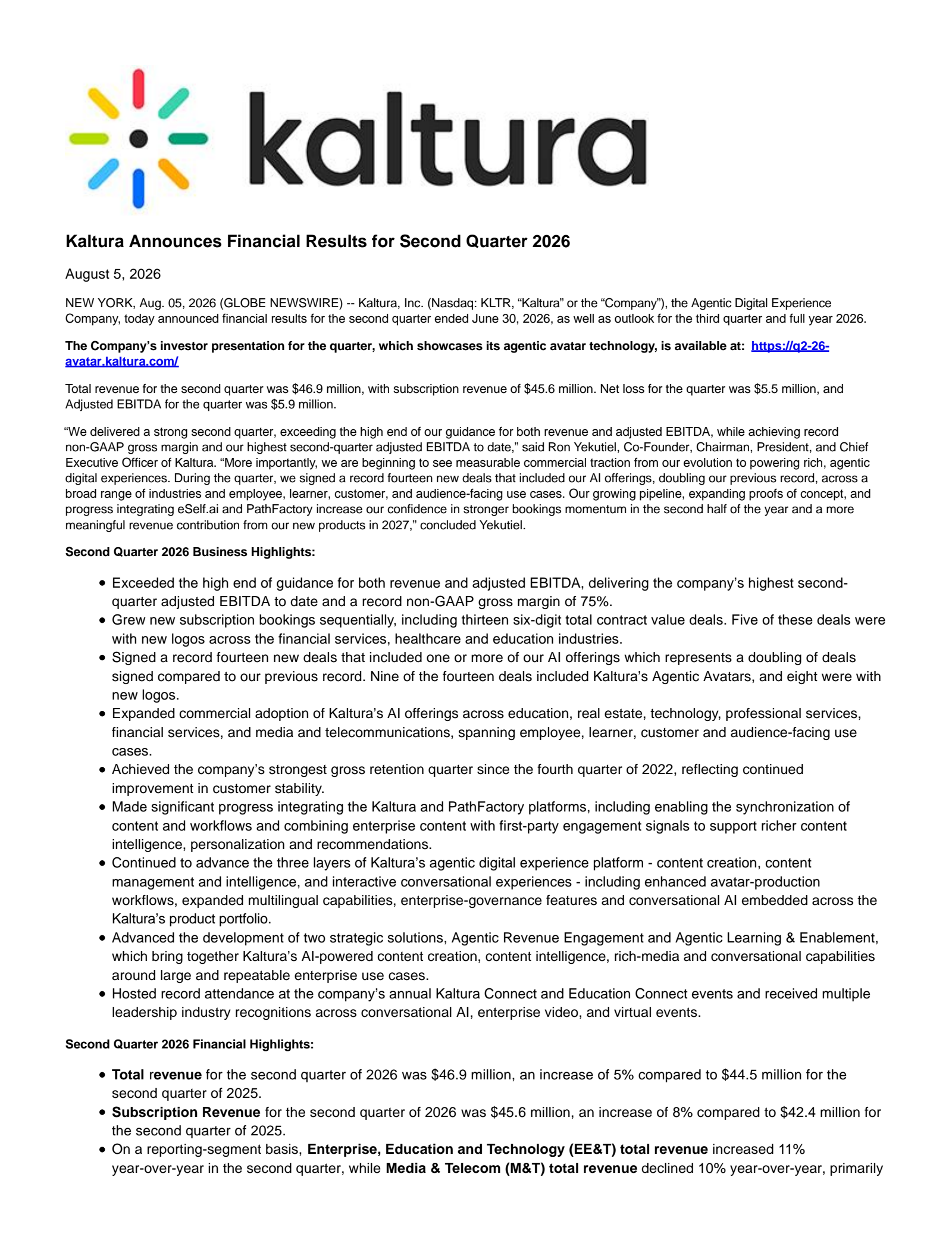 Kaltura's Q2 2026 Press Release