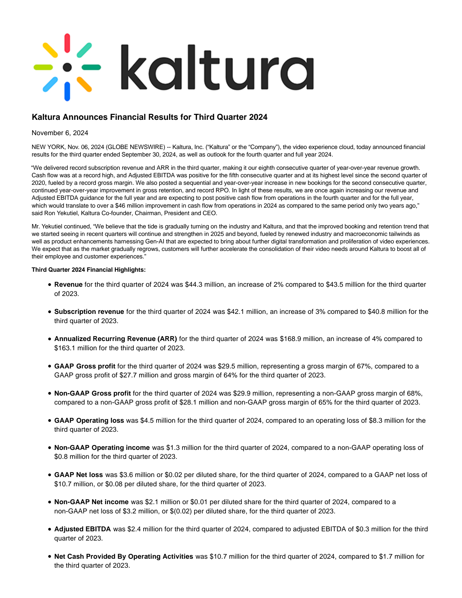 Kaltura's Q3 2024 Press Release