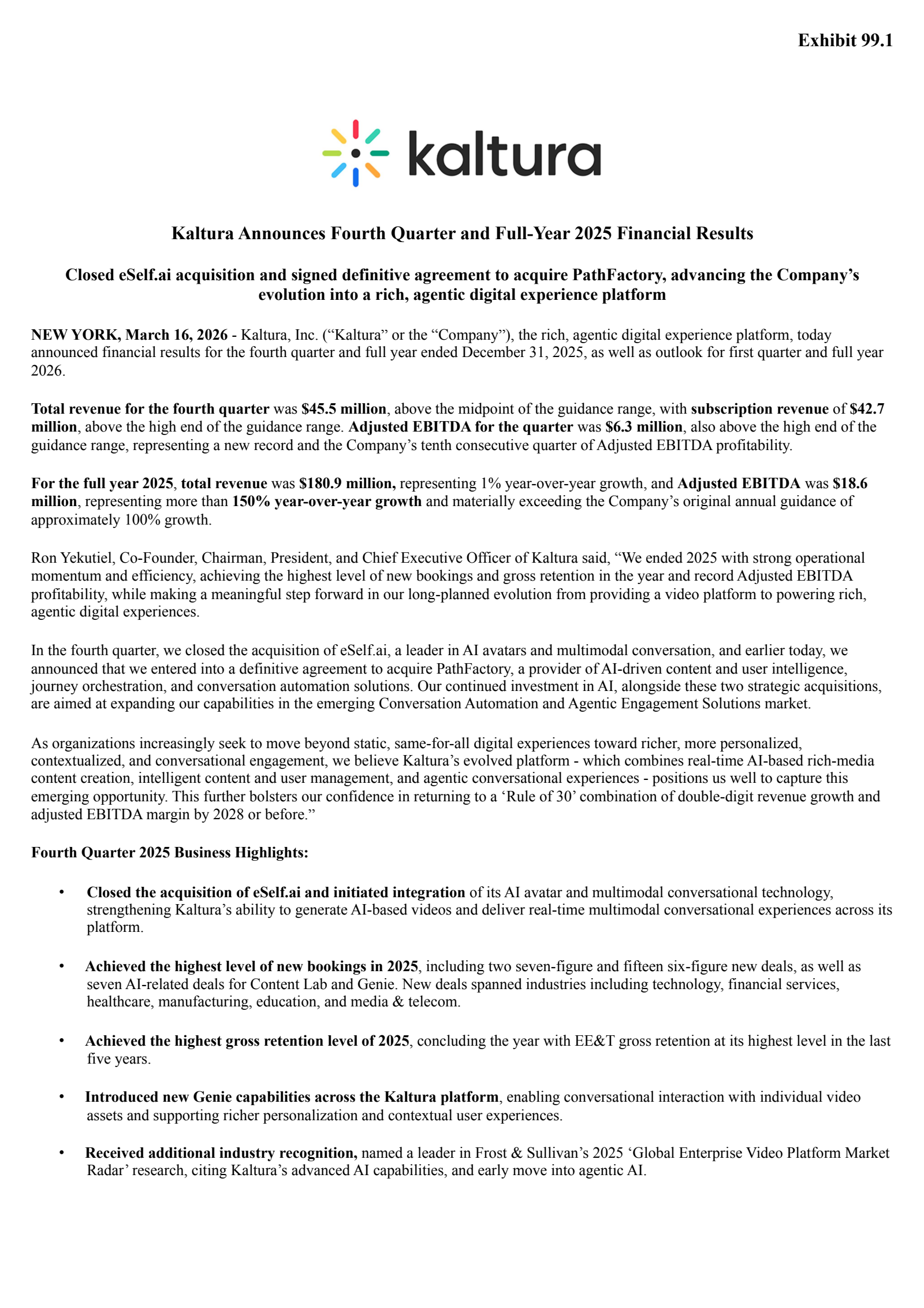 Kaltura's Q4 2025 Press Release