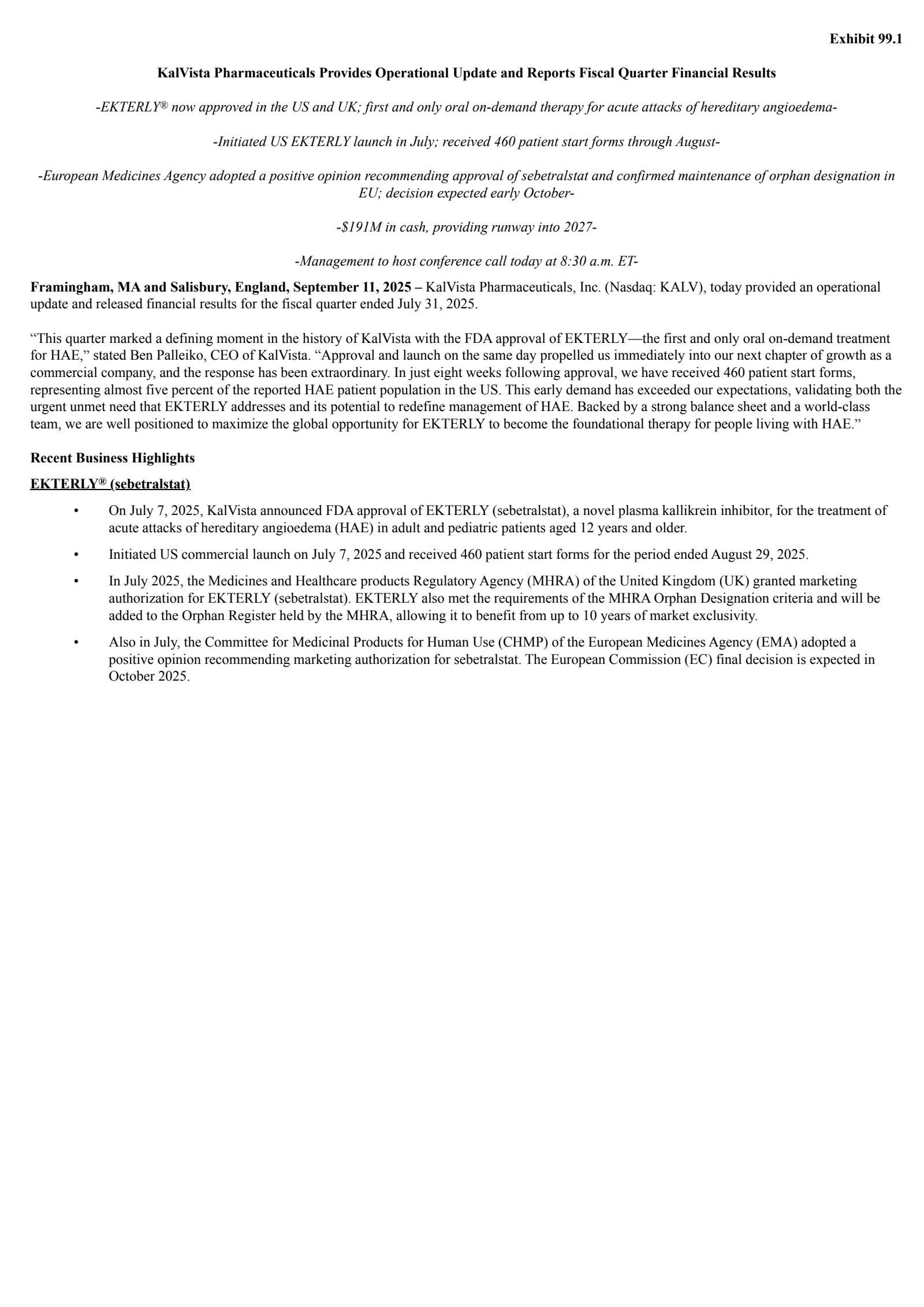 KalVista Pharmaceuticals' Q1 2026 Earnings Release