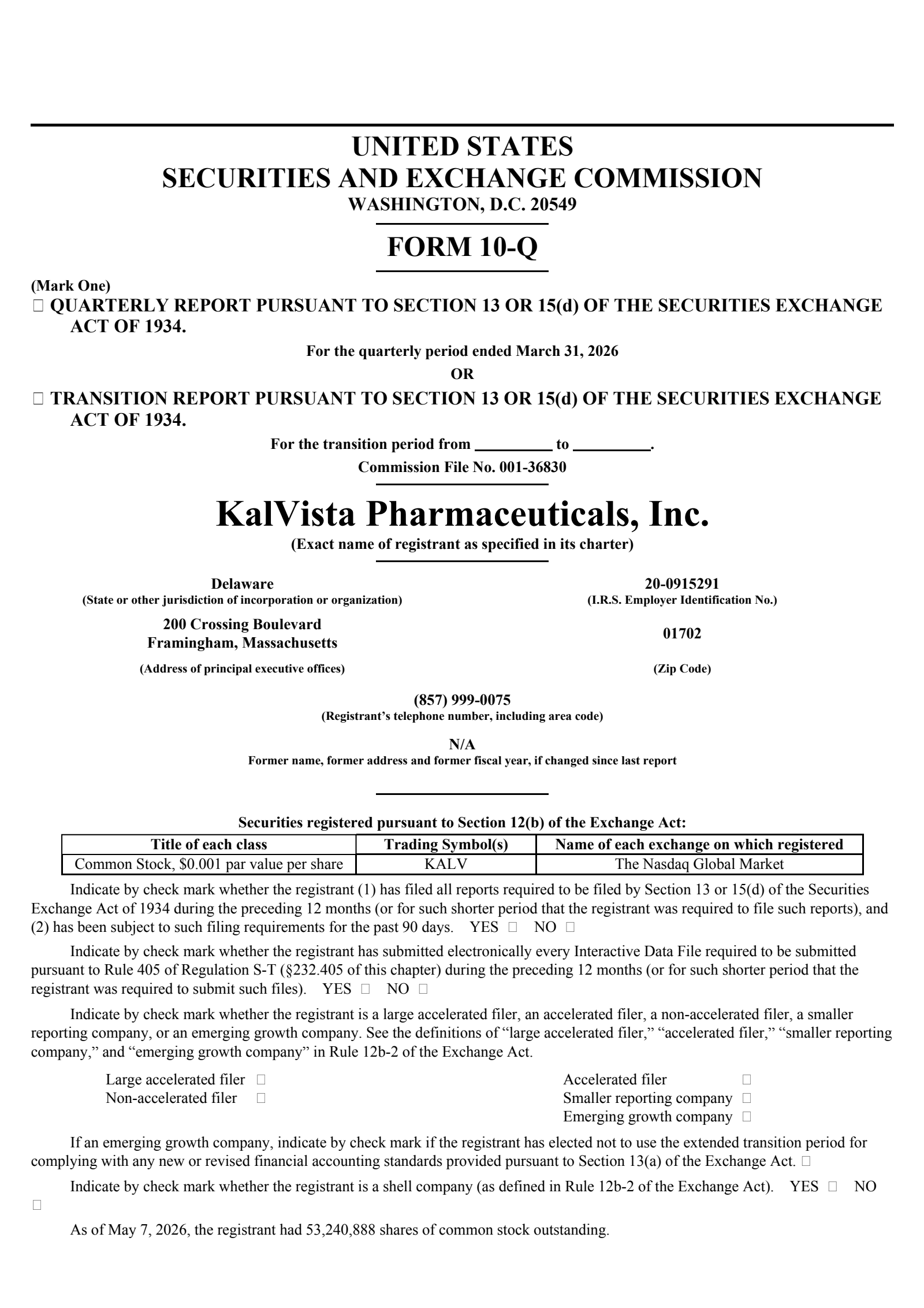 KalVista Pharmaceuticals' Q1 2026 Quarterly report