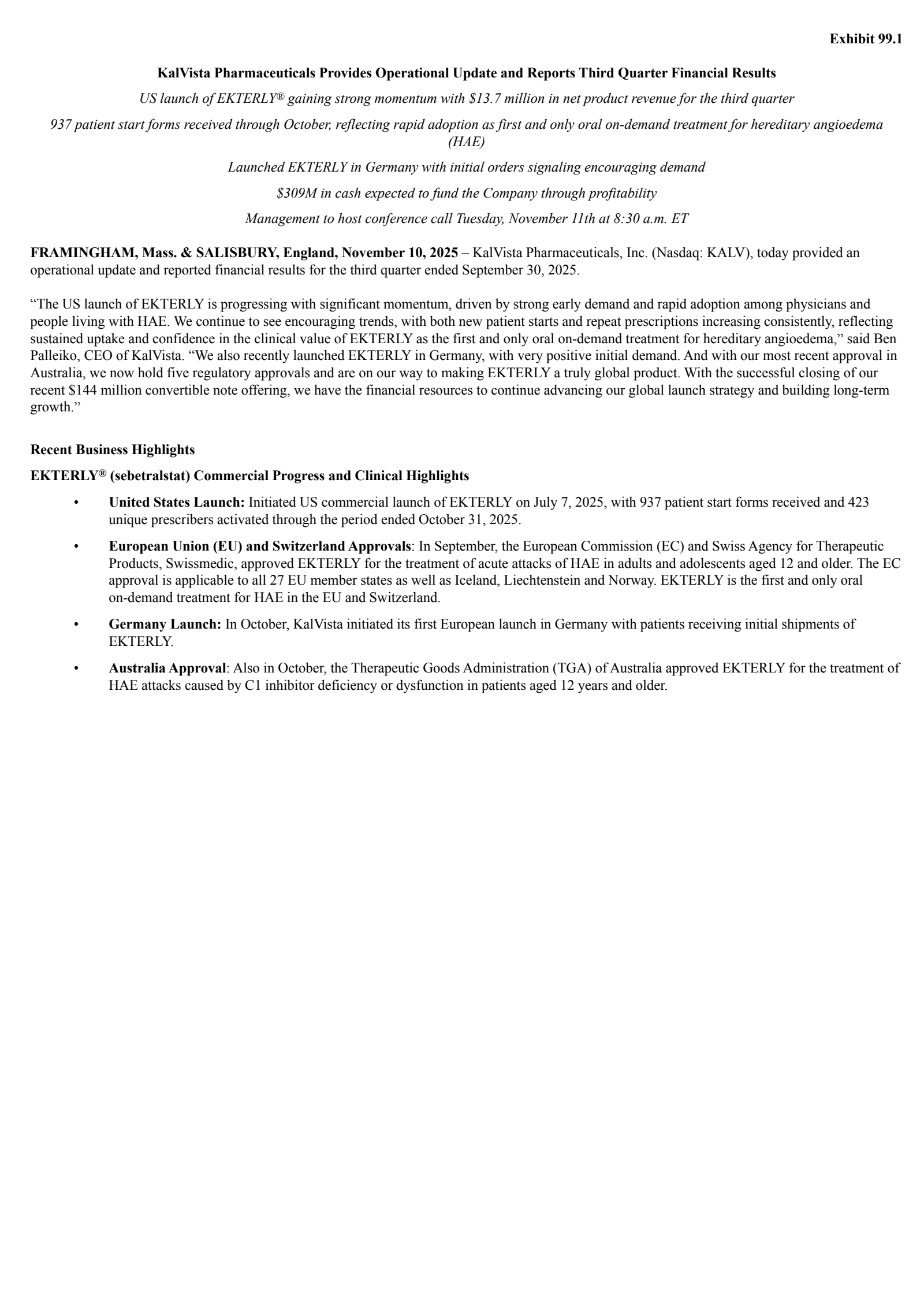 KalVista Pharmaceuticals' Q3 2026 Earnings Release