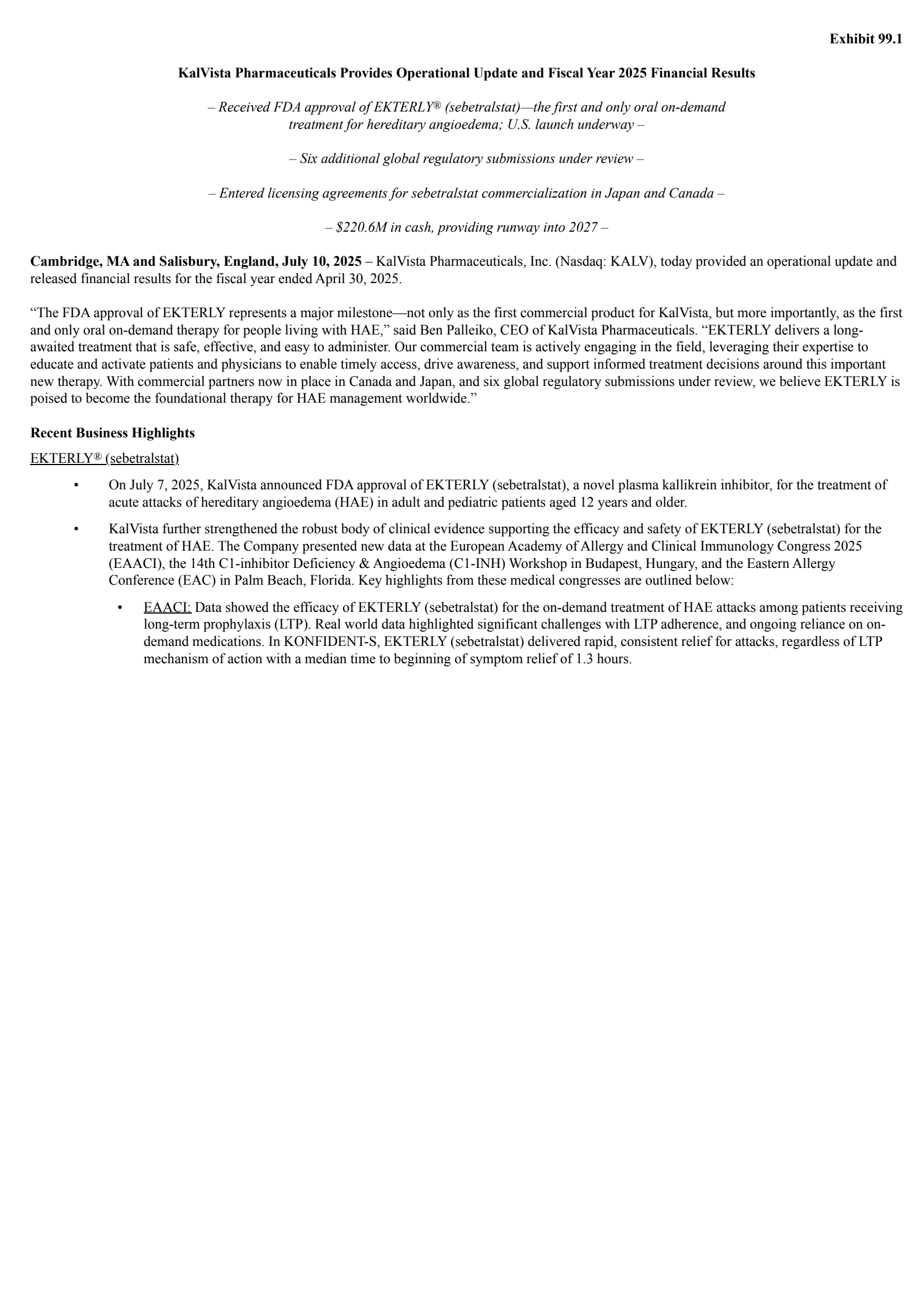 KalVista Pharmaceuticals' Q4 2025 Press Release