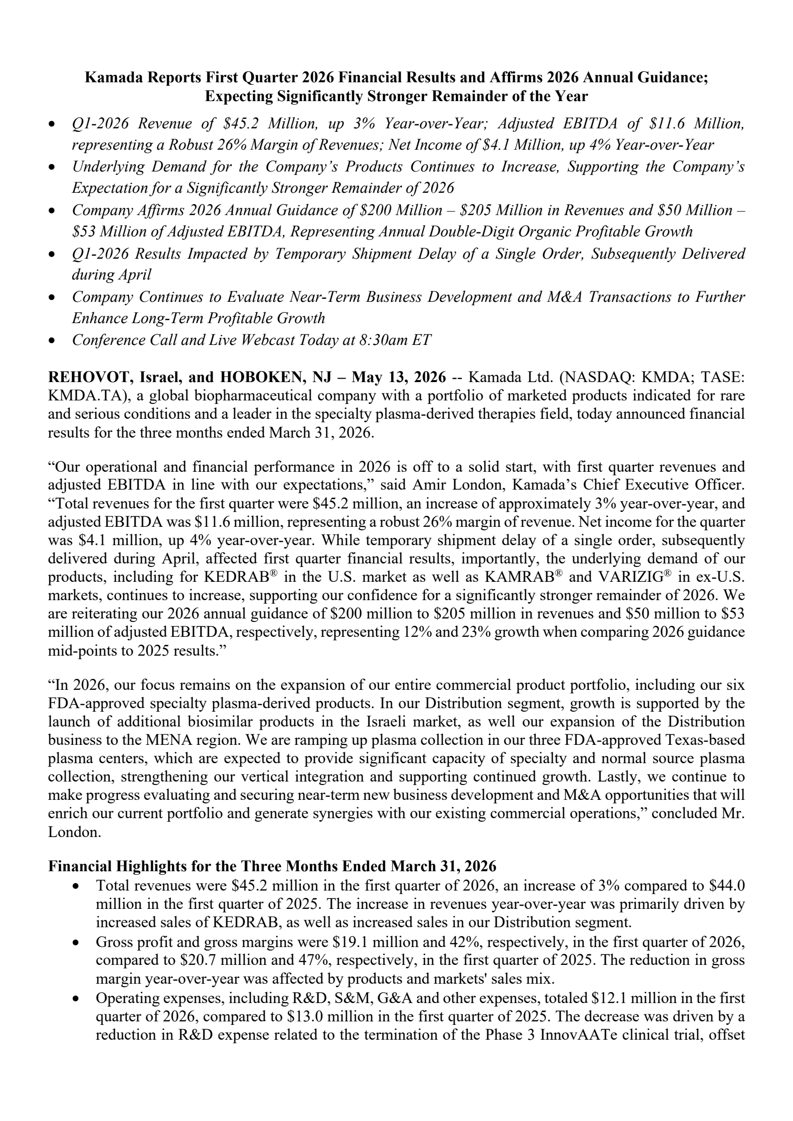 Kamada's Q1 2026 Press Release