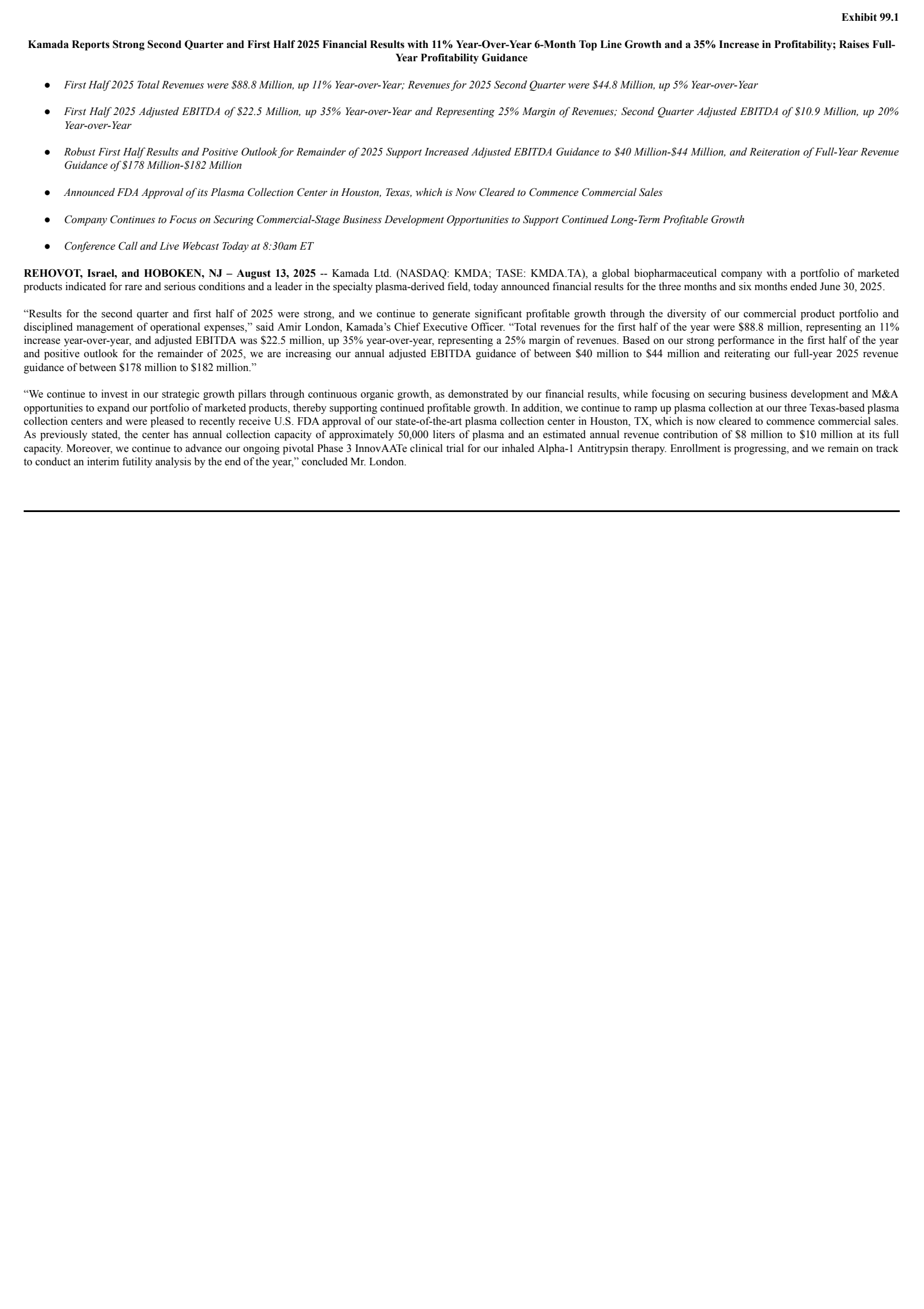 Kamada's Q2 2025 Press Release