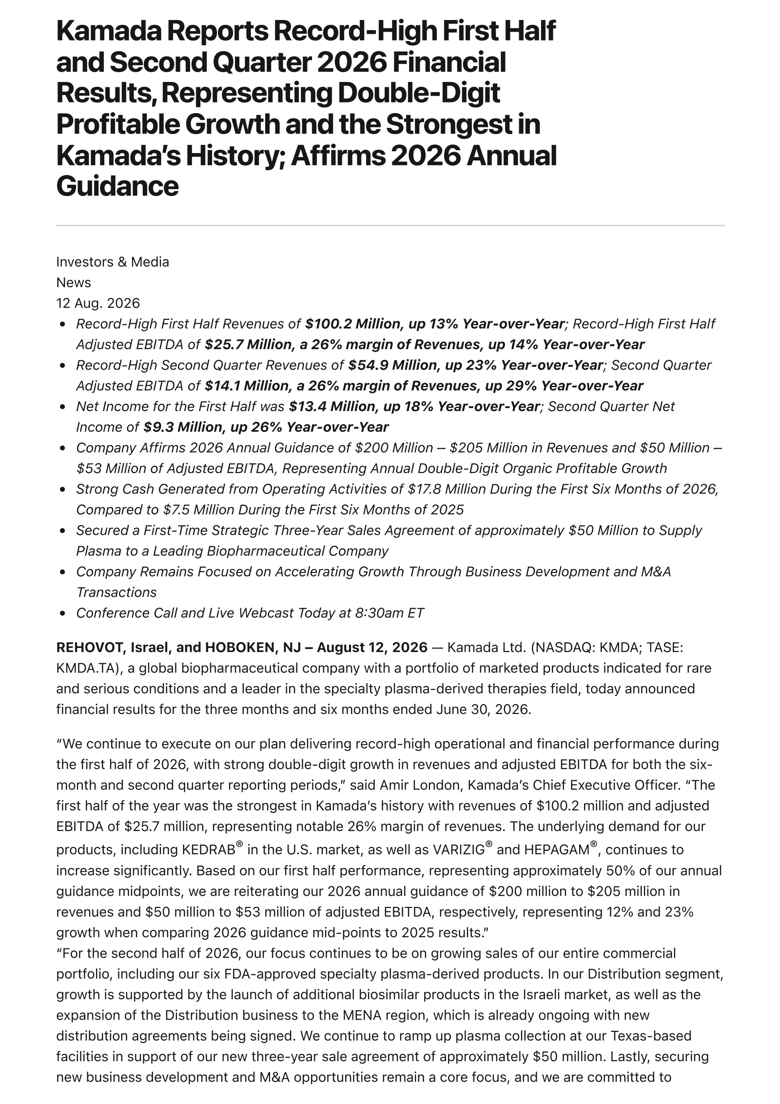 Kamada's Q2 2026 Press Release