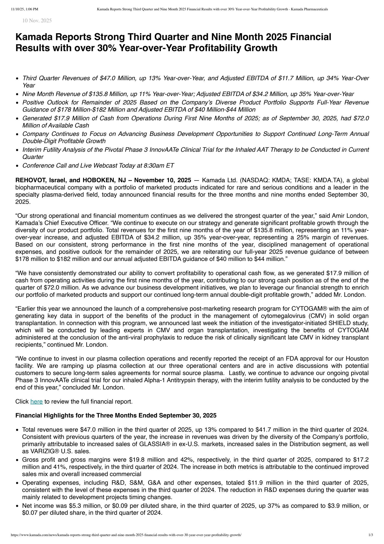 Kamada's Q3 2025 Earnings Release
