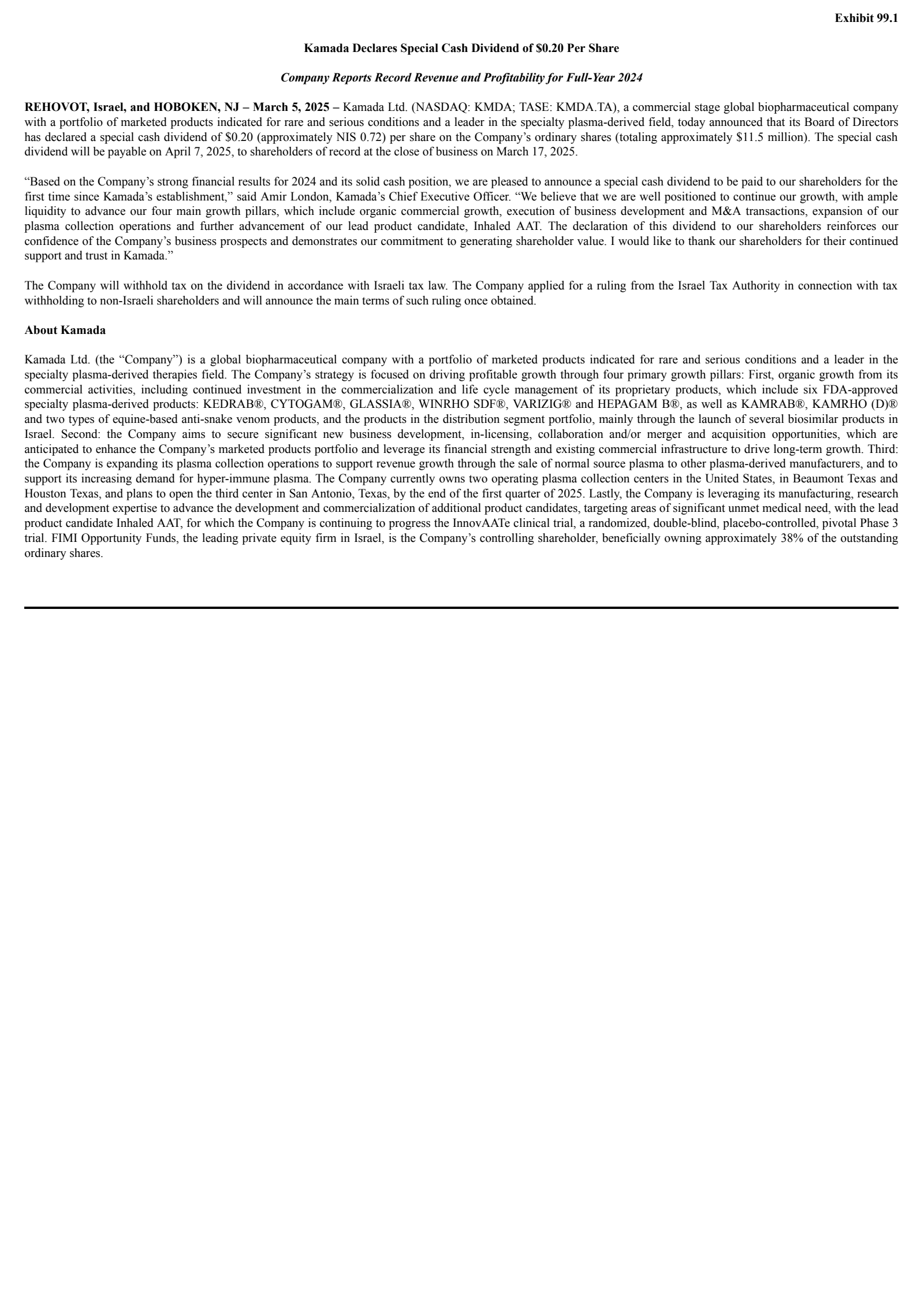 Kamada's Q4 2024 Press Release