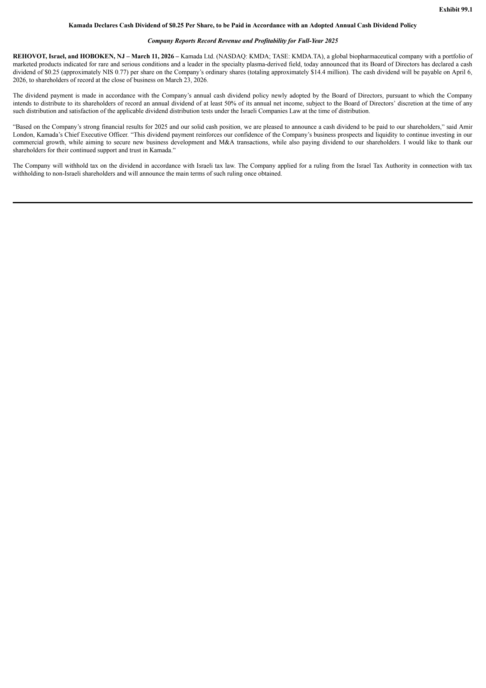 Kamada's Q4 2025 Press Release
