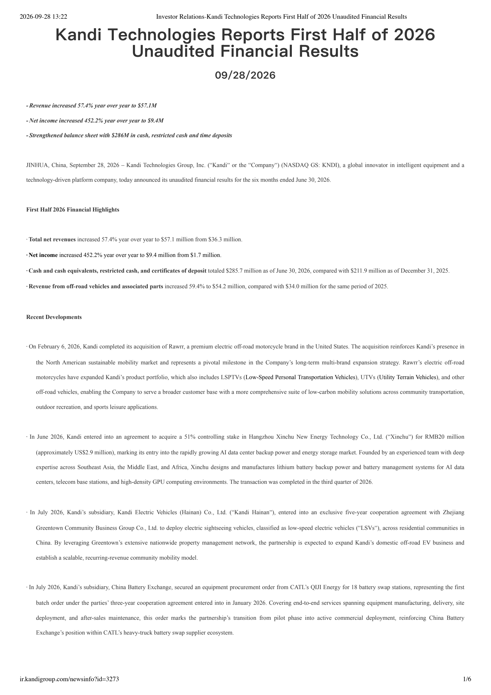 Kandi Technologies Group's Q2 2026 Press Release