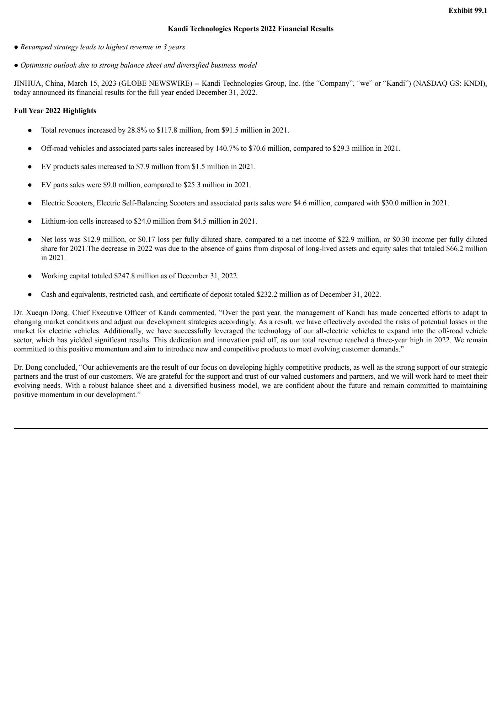 Kandi Technologies Group's Q4 2022 Press Release