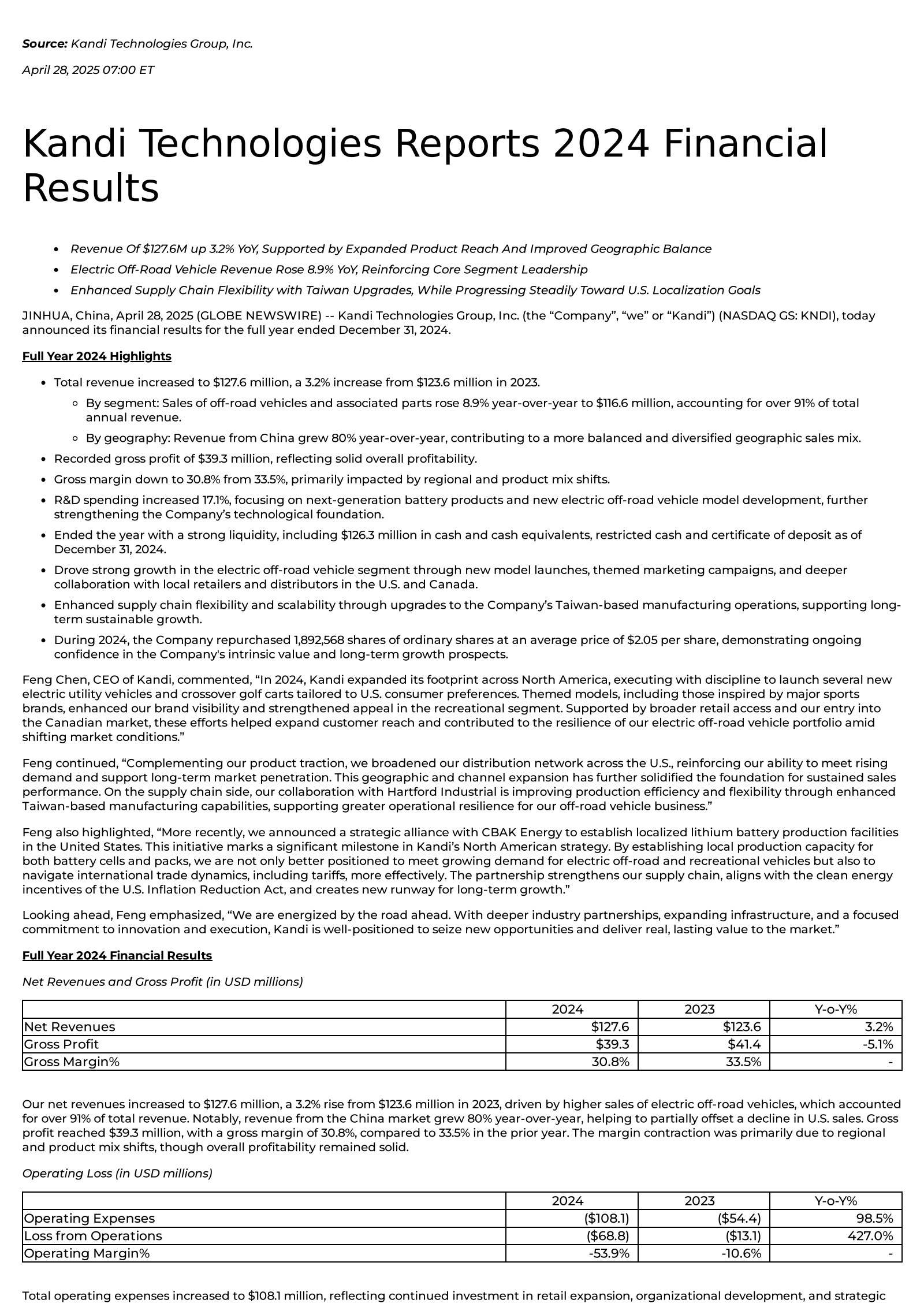 Kandi Tech KNDI Q4 2024 Earnings Report on 4/28/2025