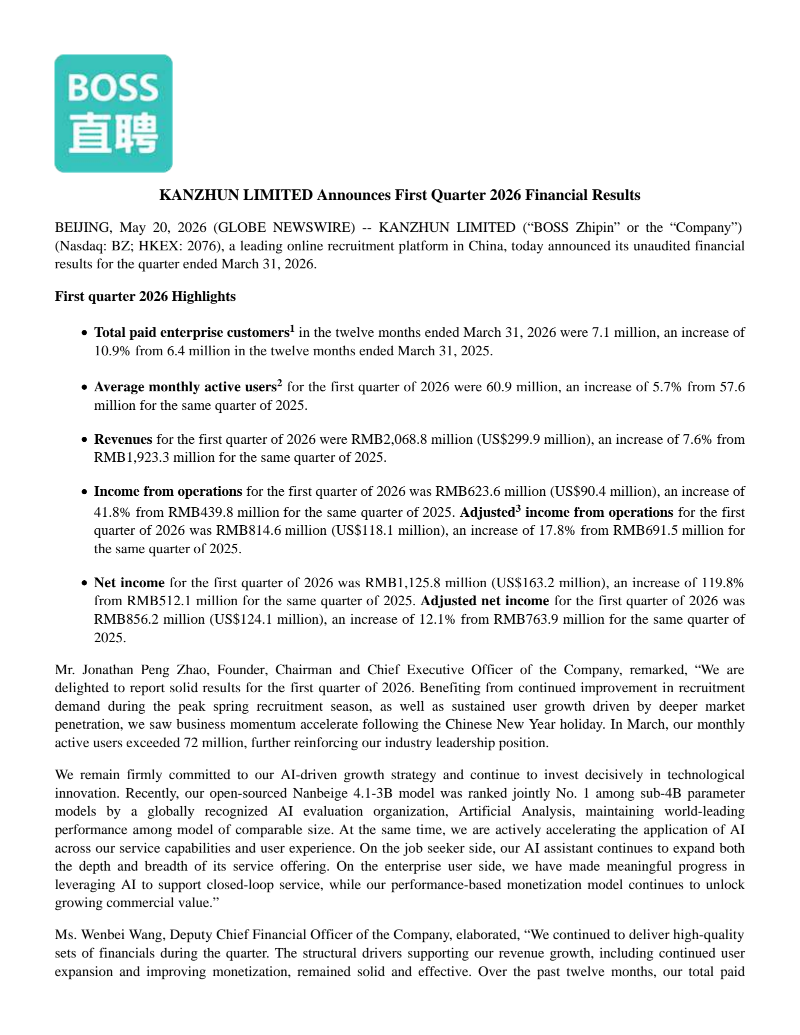 KANZHUN's Q1 2026 Press Release