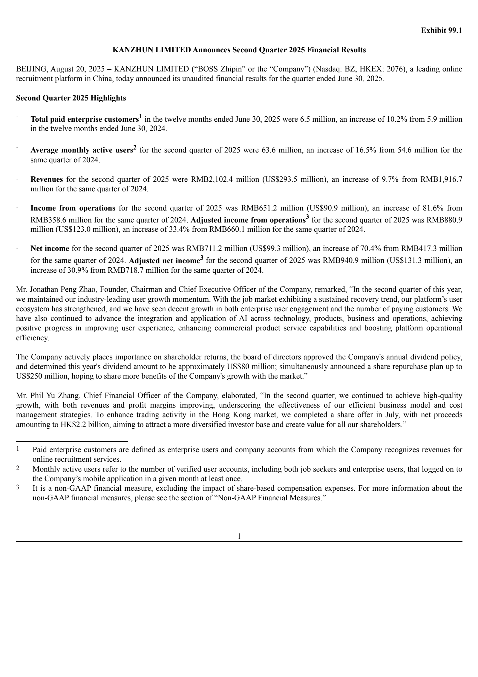 KANZHUN's Q2 2025 Press Release