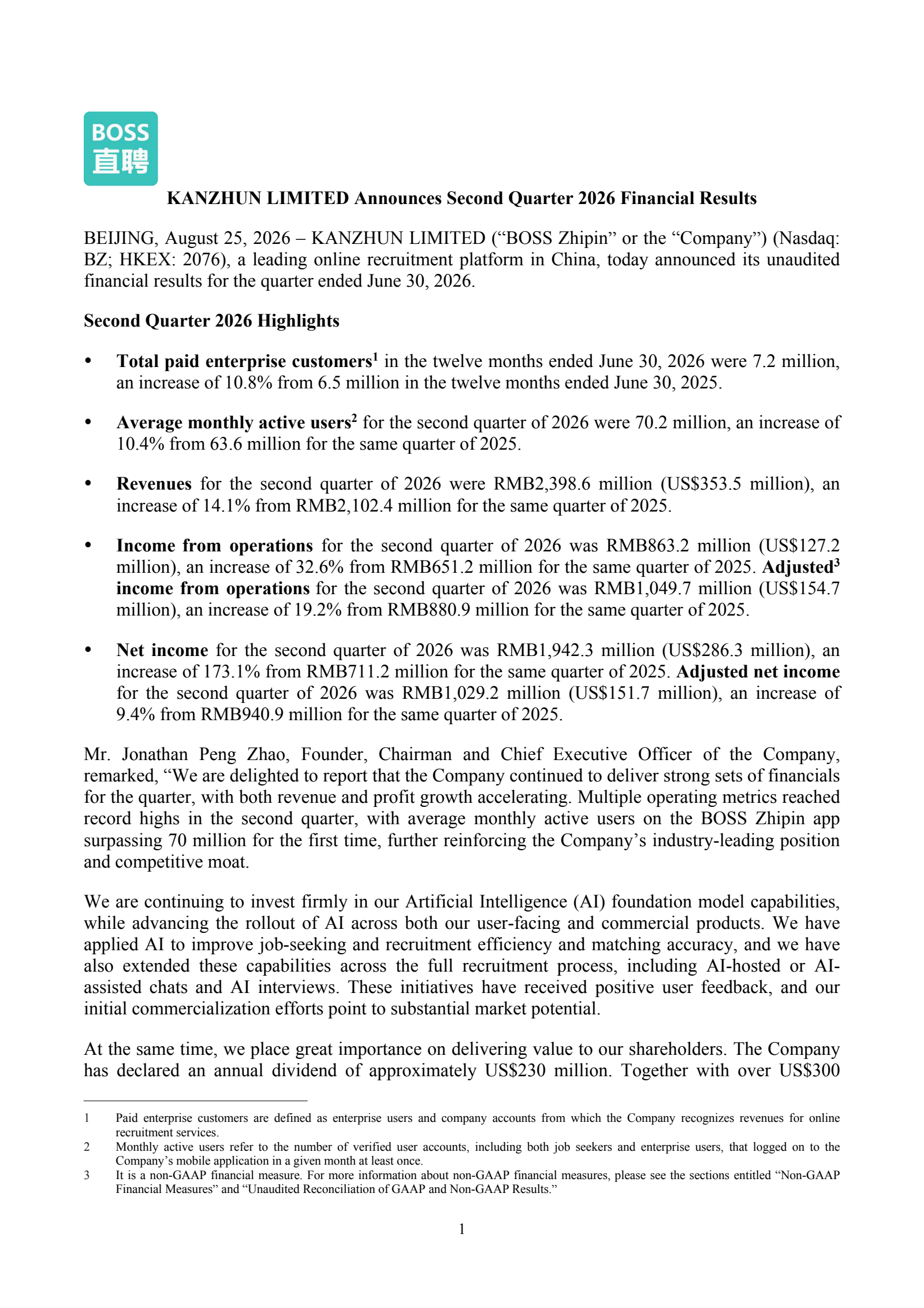 KANZHUN's Q2 2026 Press Release