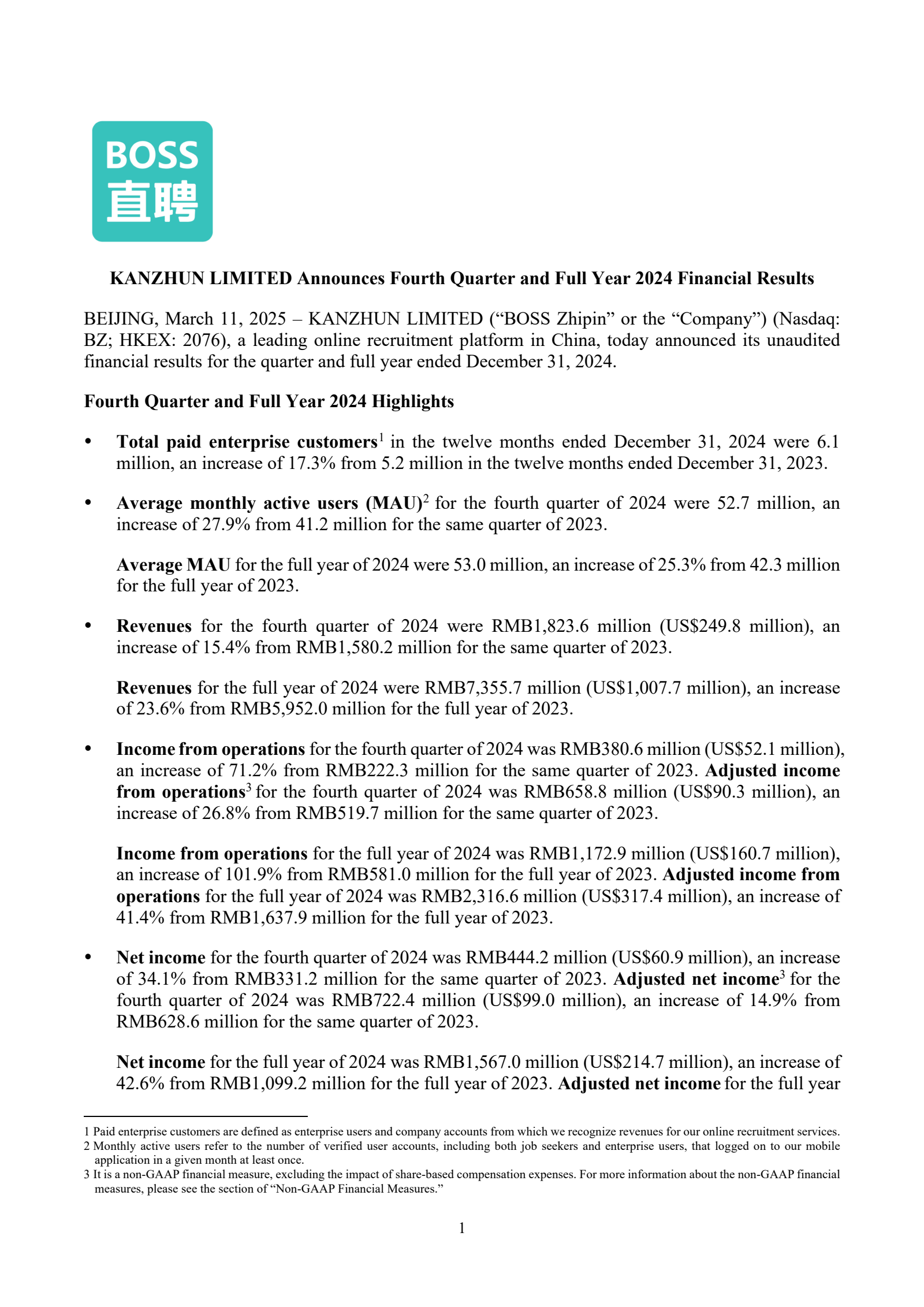 KANZHUN's Q4 2024 Press Release