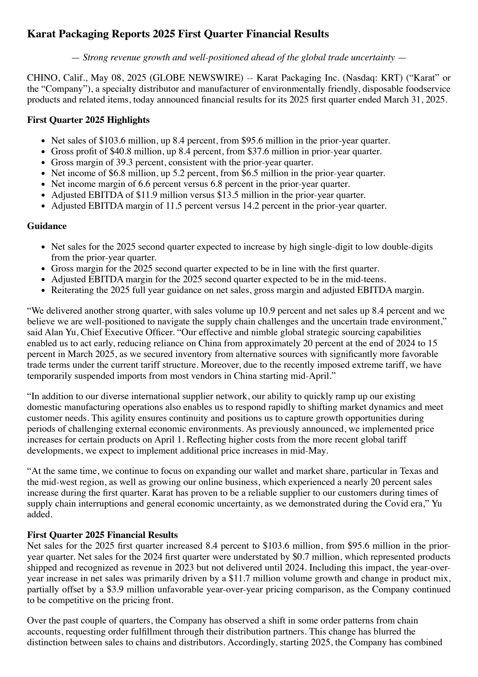 Karat Packaging's Q1 2025 Press Release