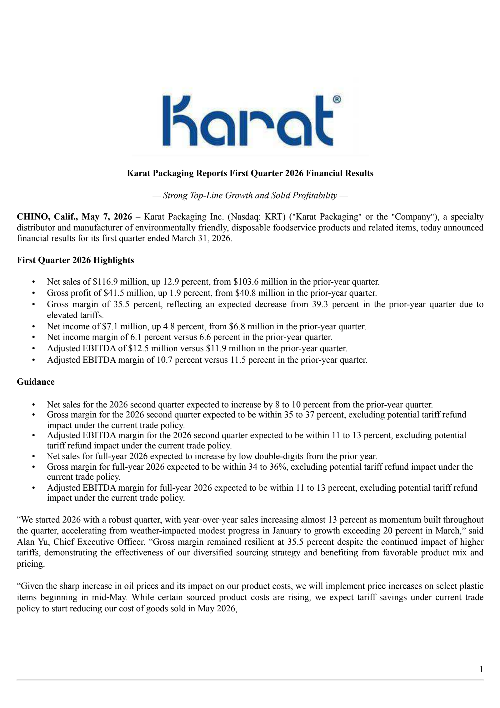 Karat Packaging's Q1 2026 Press Release