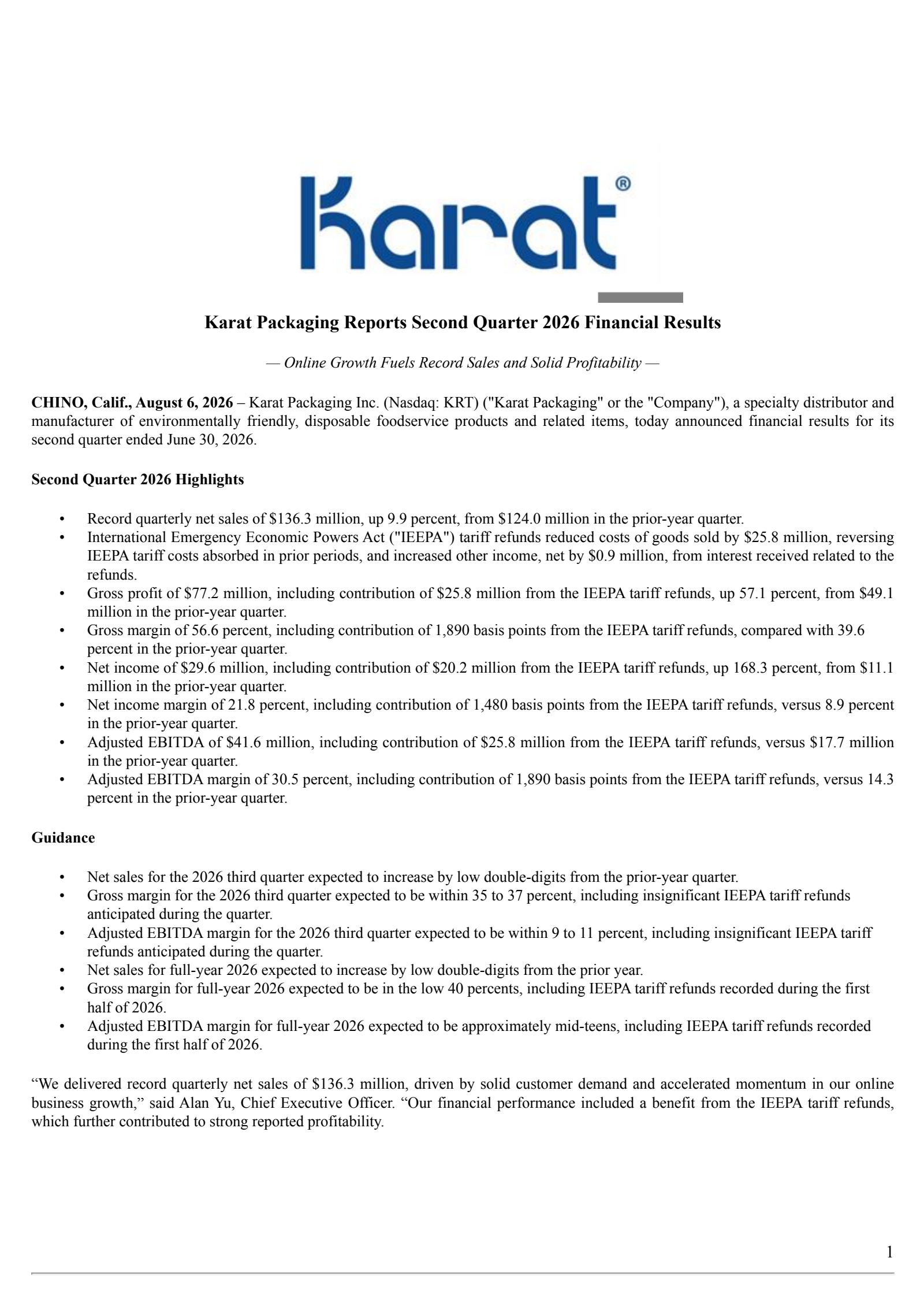 Karat Packaging's Q2 2026 Press Release