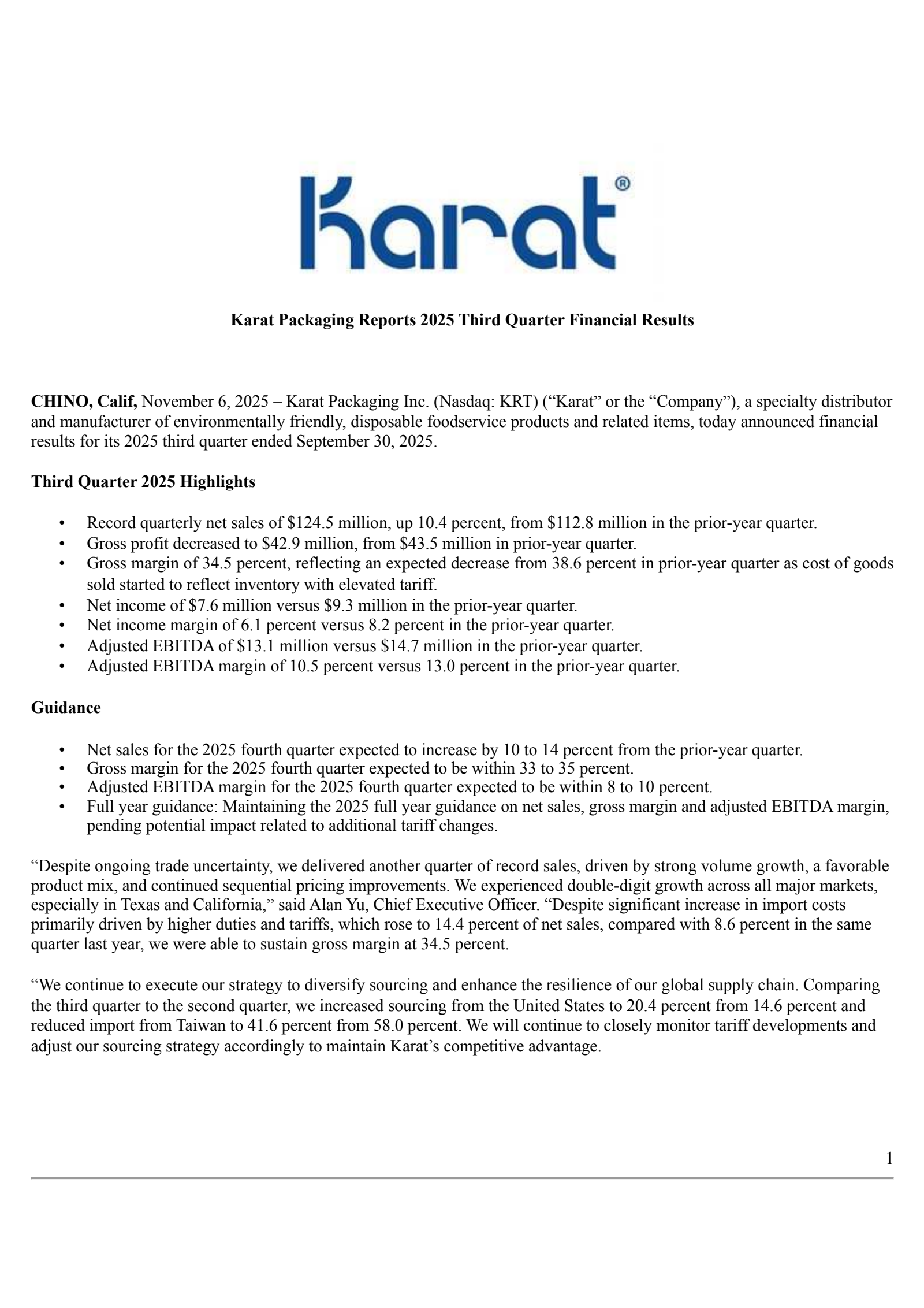 Karat Packaging's Q3 2025 Earnings Release