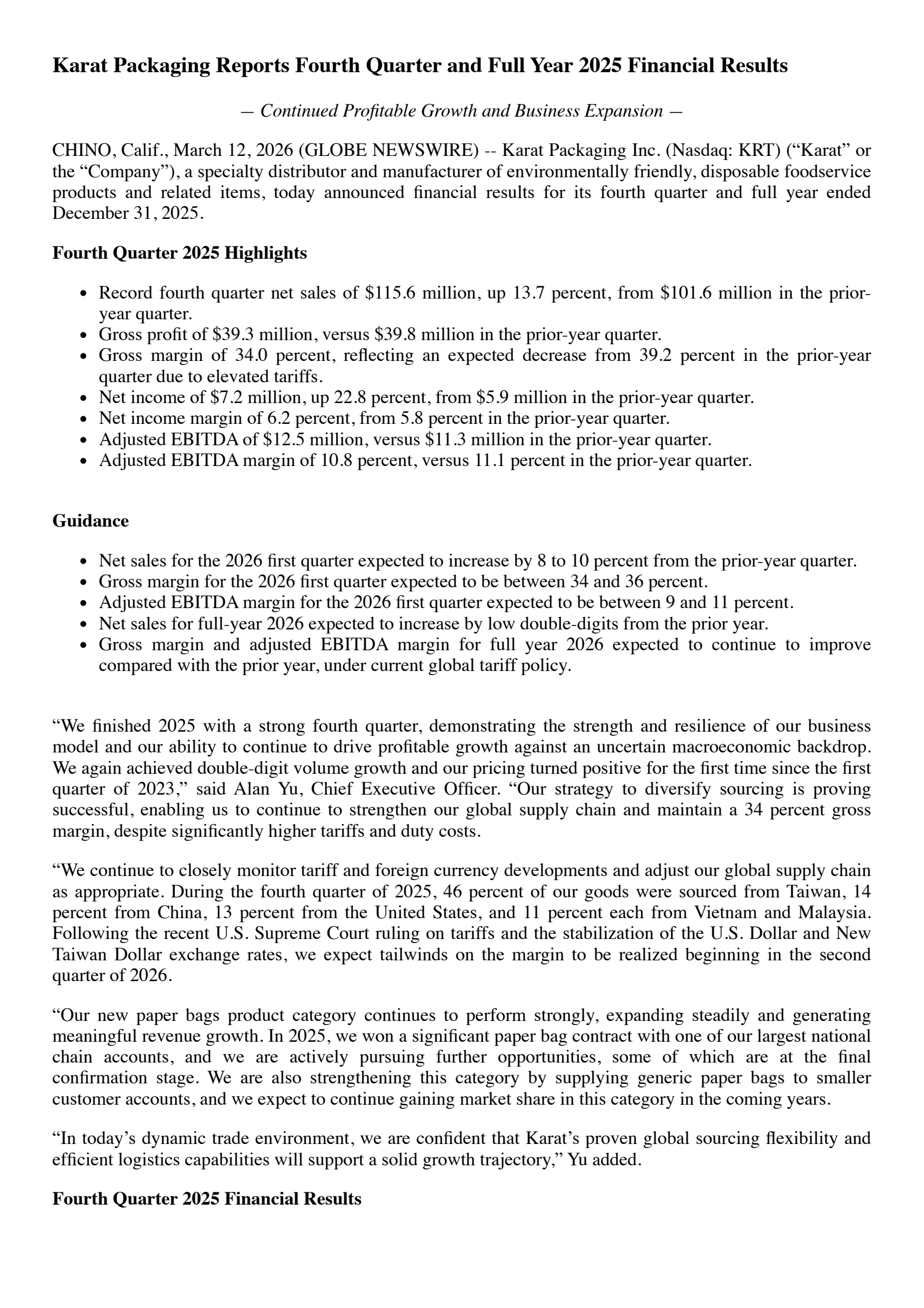 Karat Packaging's Q4 2025 Press Release
