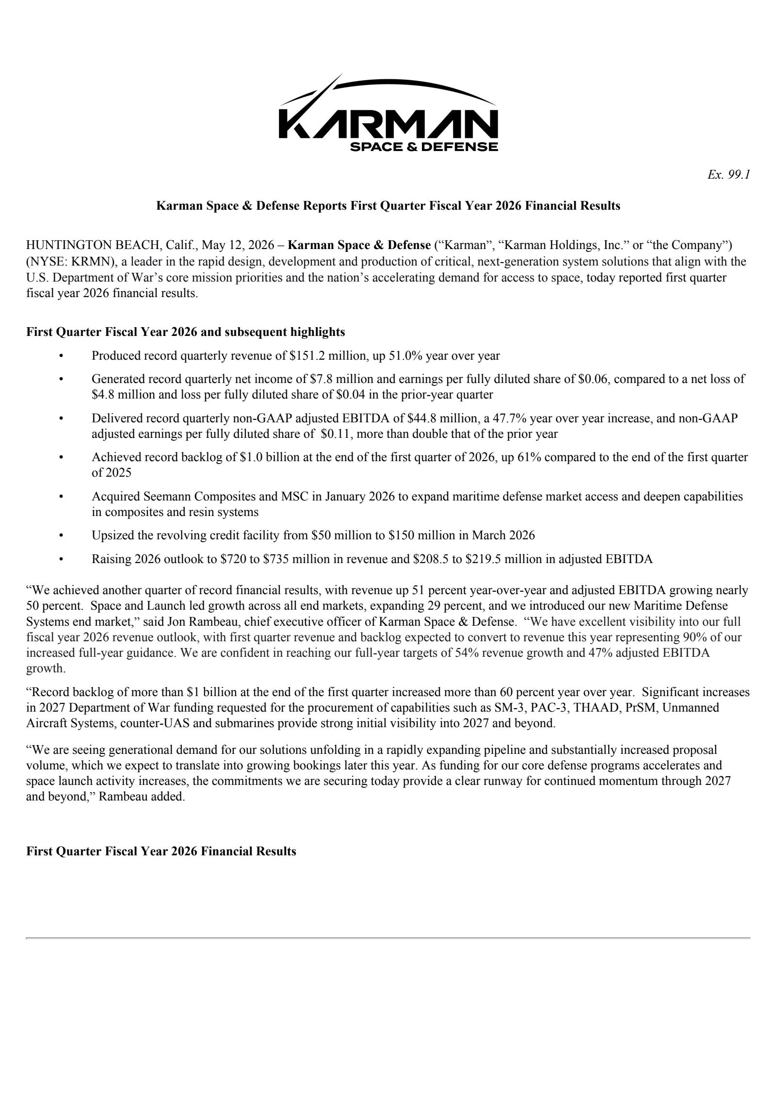 Karman's Q1 2026 Press Release