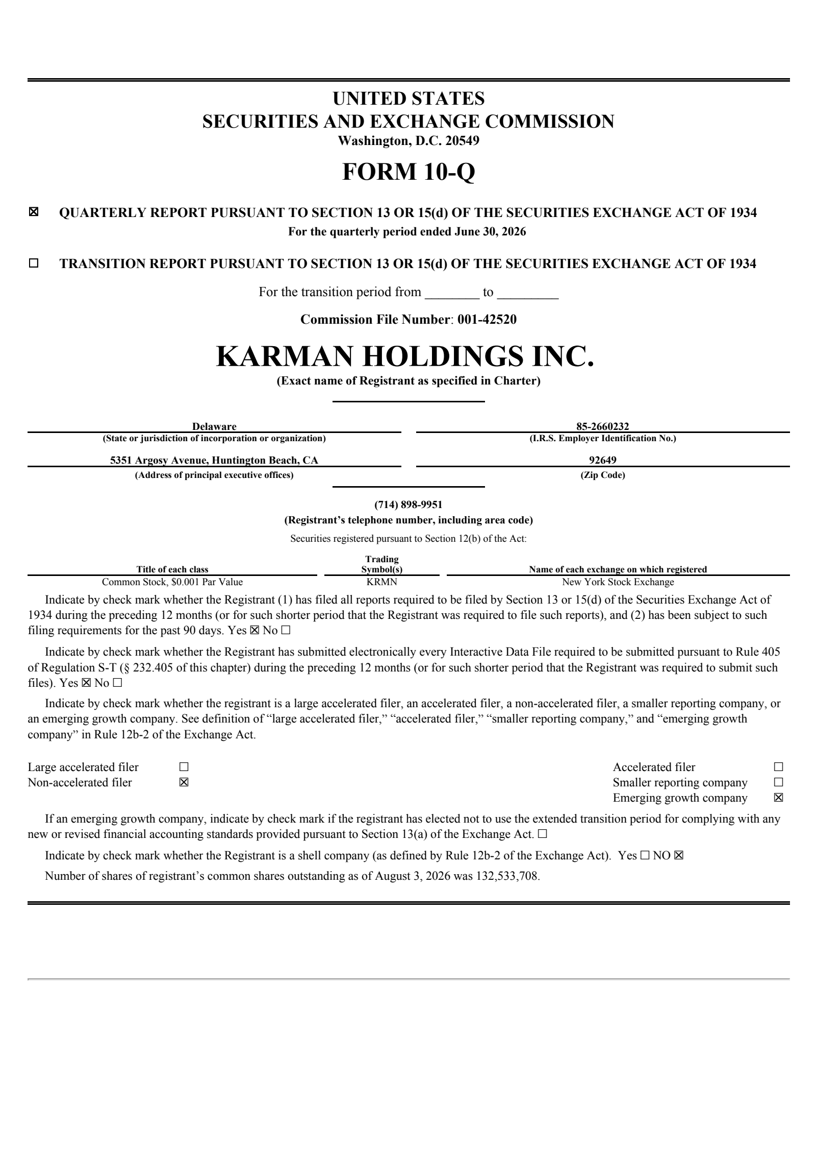Karman's Q2 2026 Quarterly report