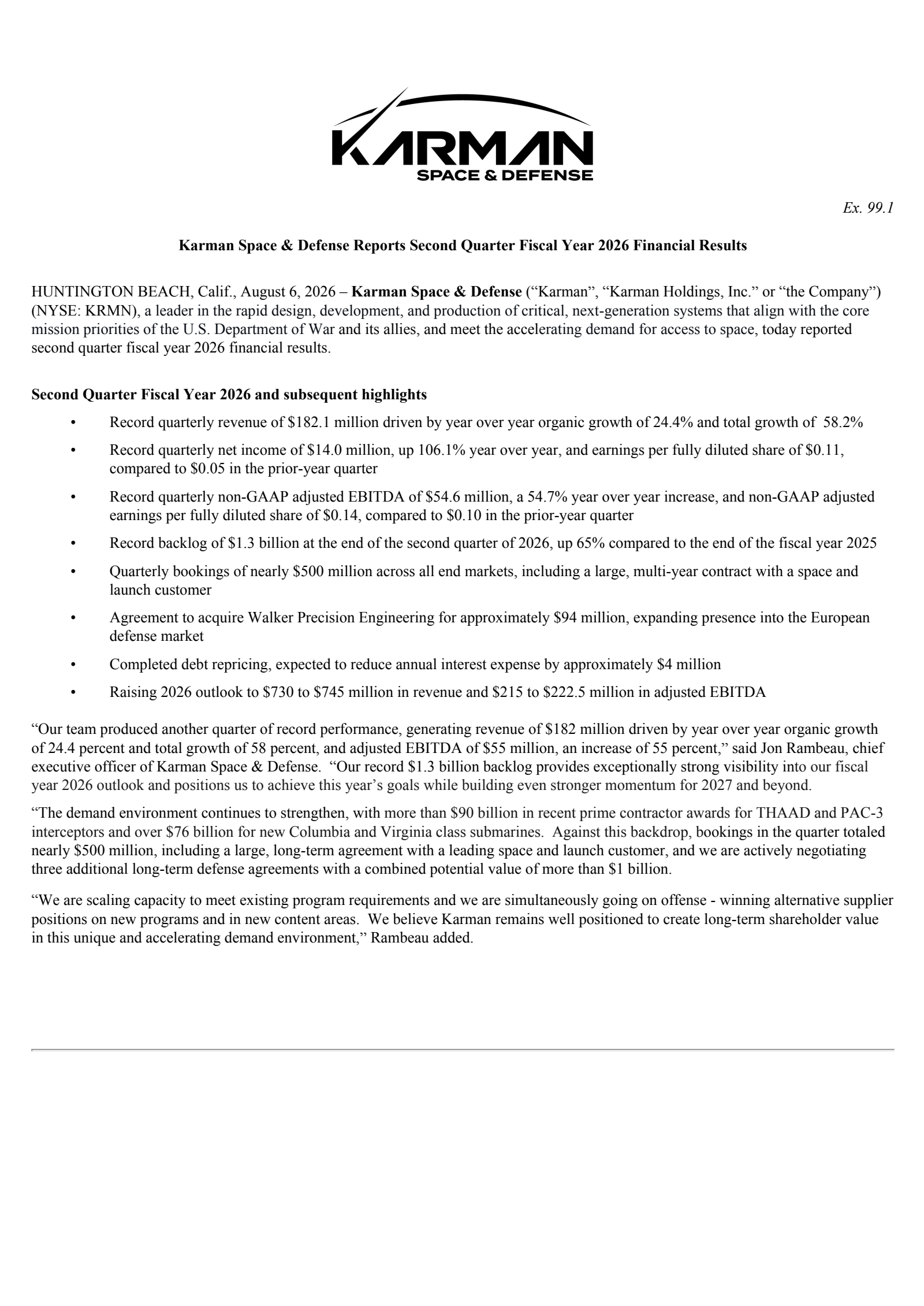Karman's Q2 2026 Press Release