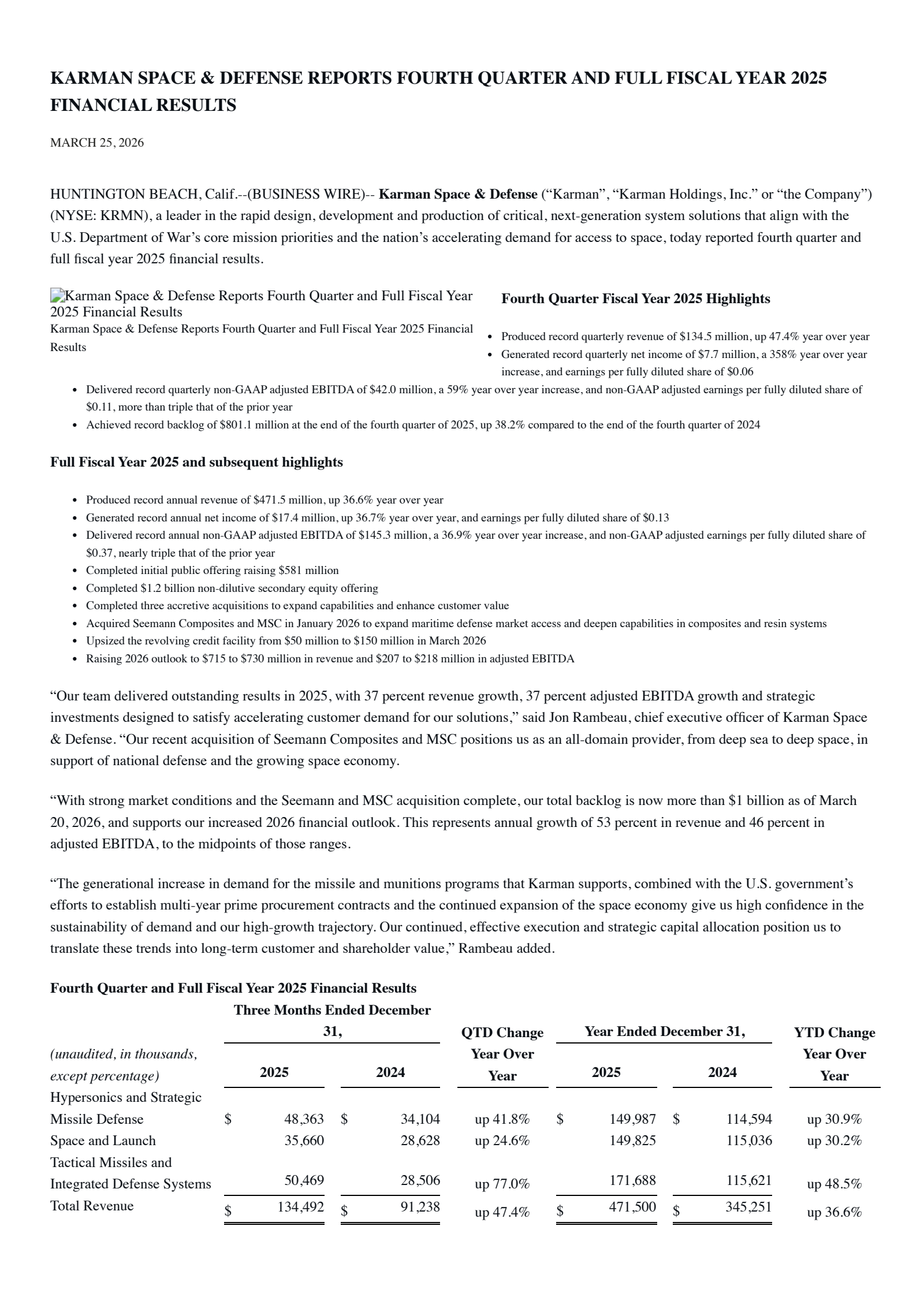 Karman's Q4 2025 Press Release