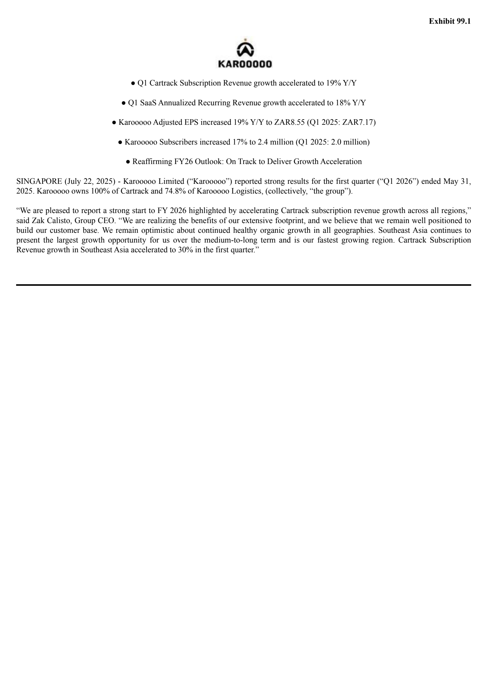 Karooooo's Q1 2026 Press Release