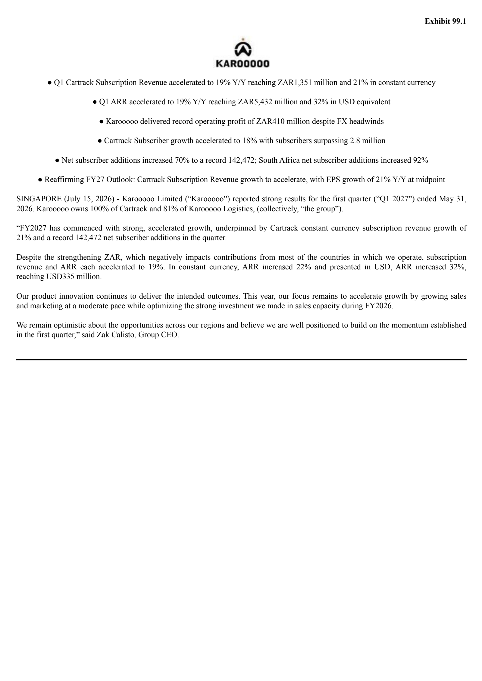 Karooooo's Q1 2027 Press Release