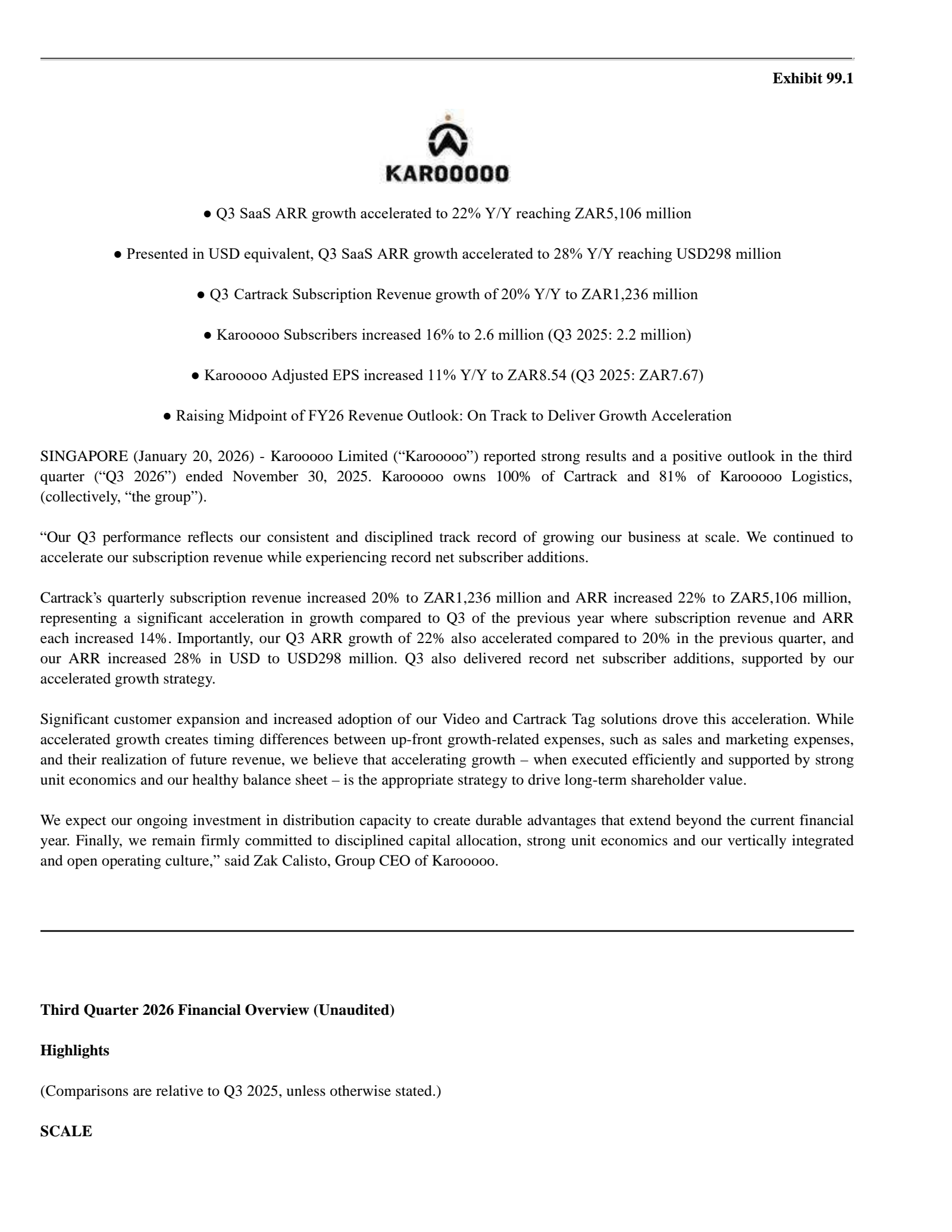 Karooooo's Q3 2026 Press Release