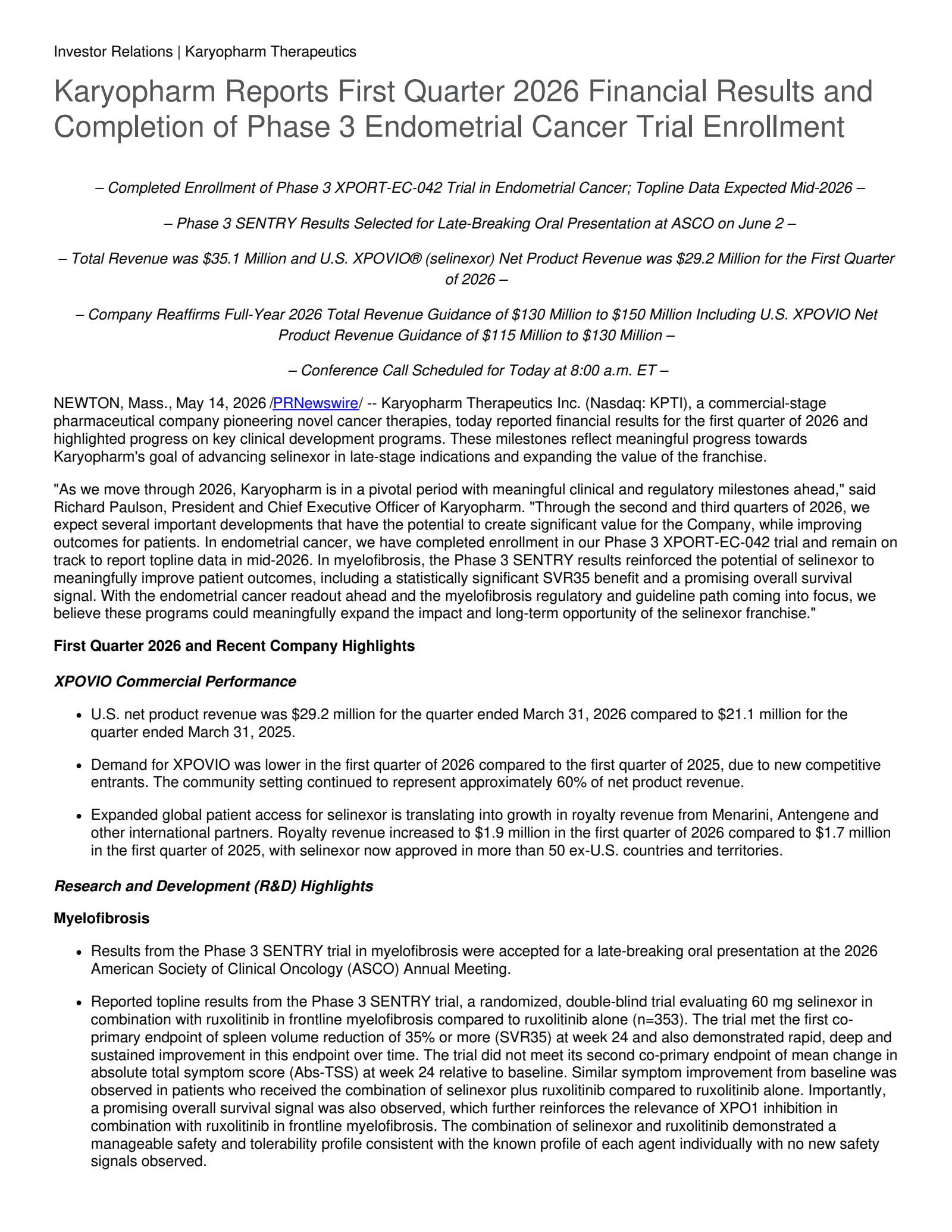Karyopharm Therapeutics' Q1 2026 Press Release