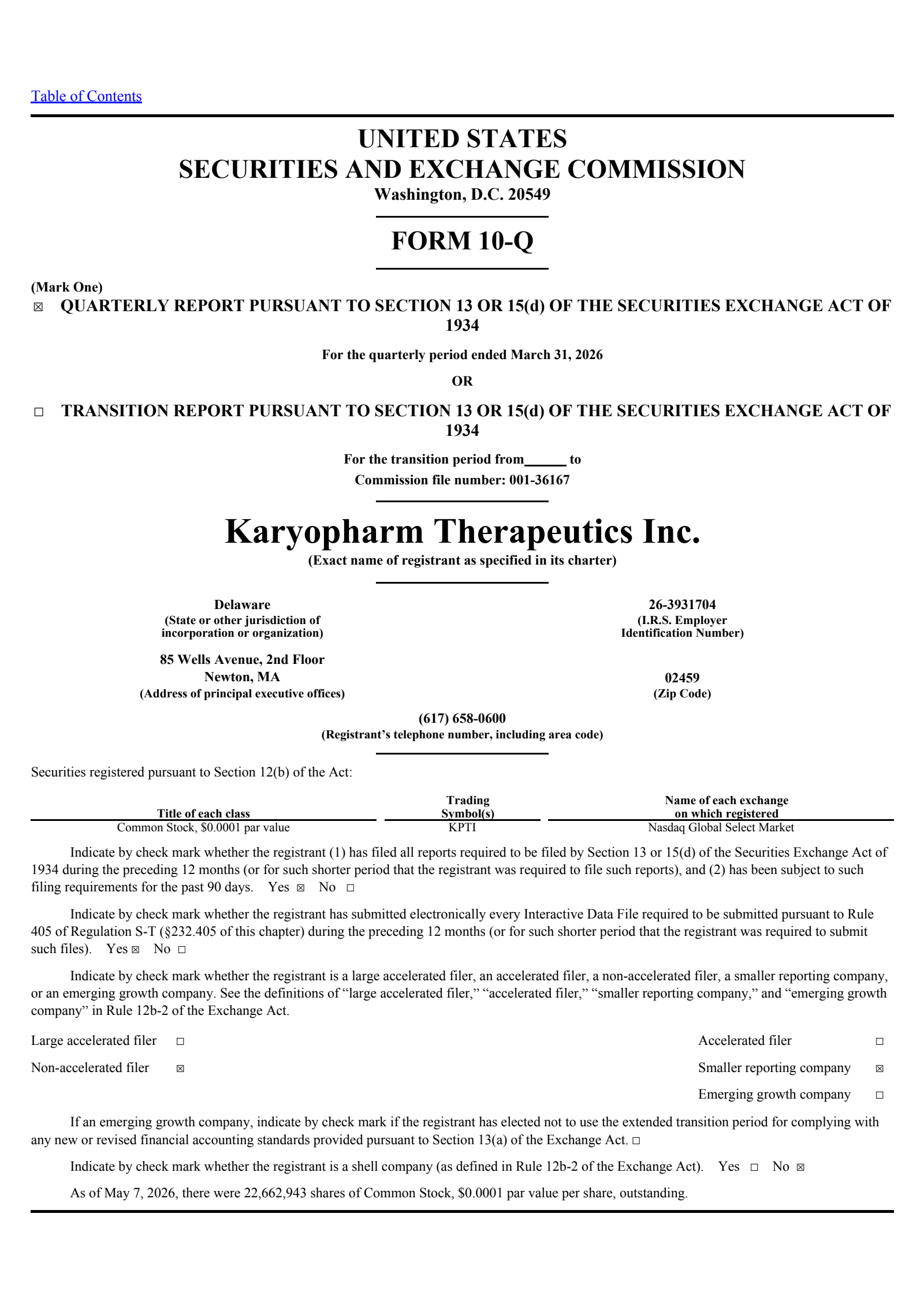 Karyopharm Therapeutics' Q1 2026 Quarterly report