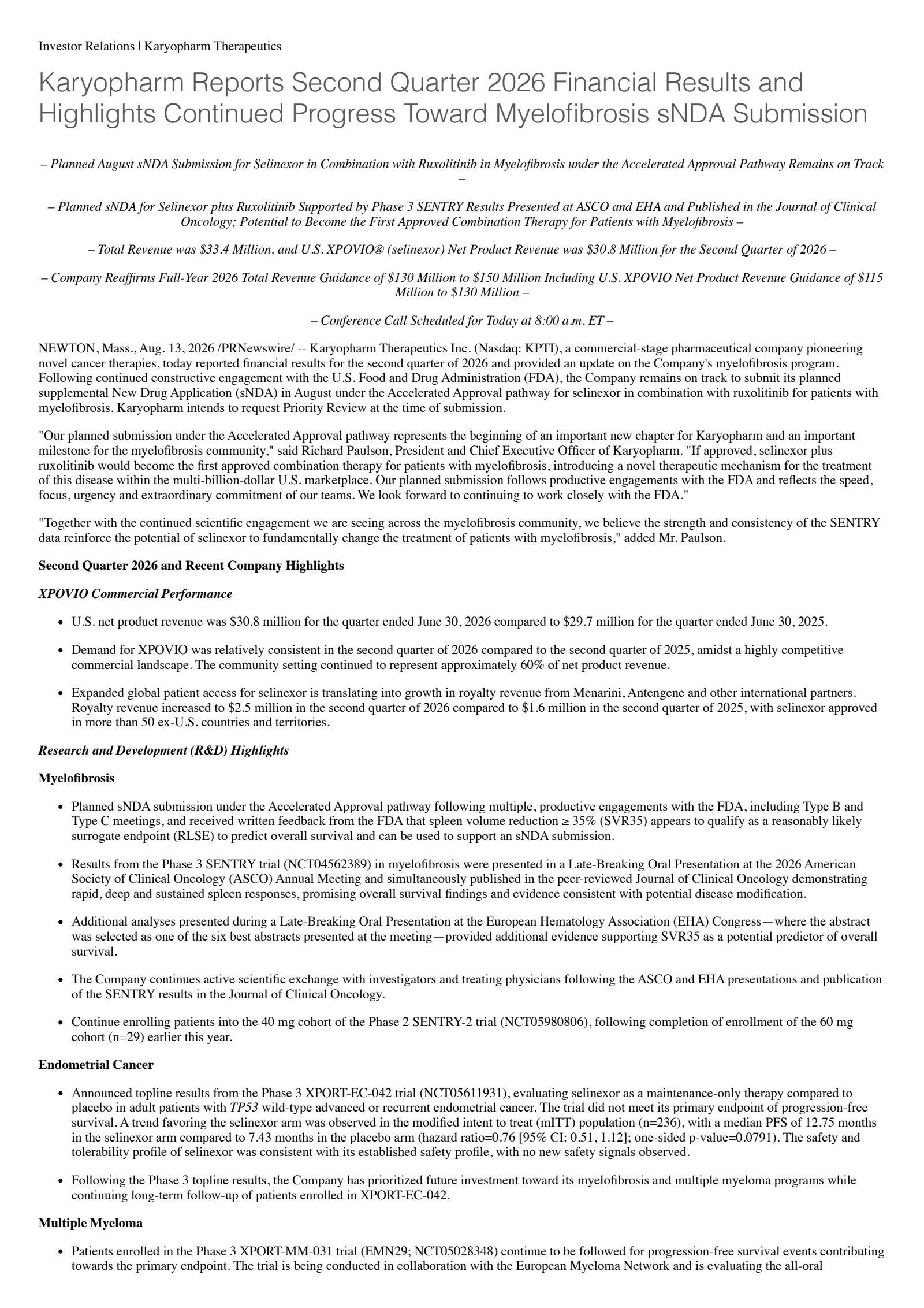 Karyopharm Therapeutics' Q2 2026 Press Release
