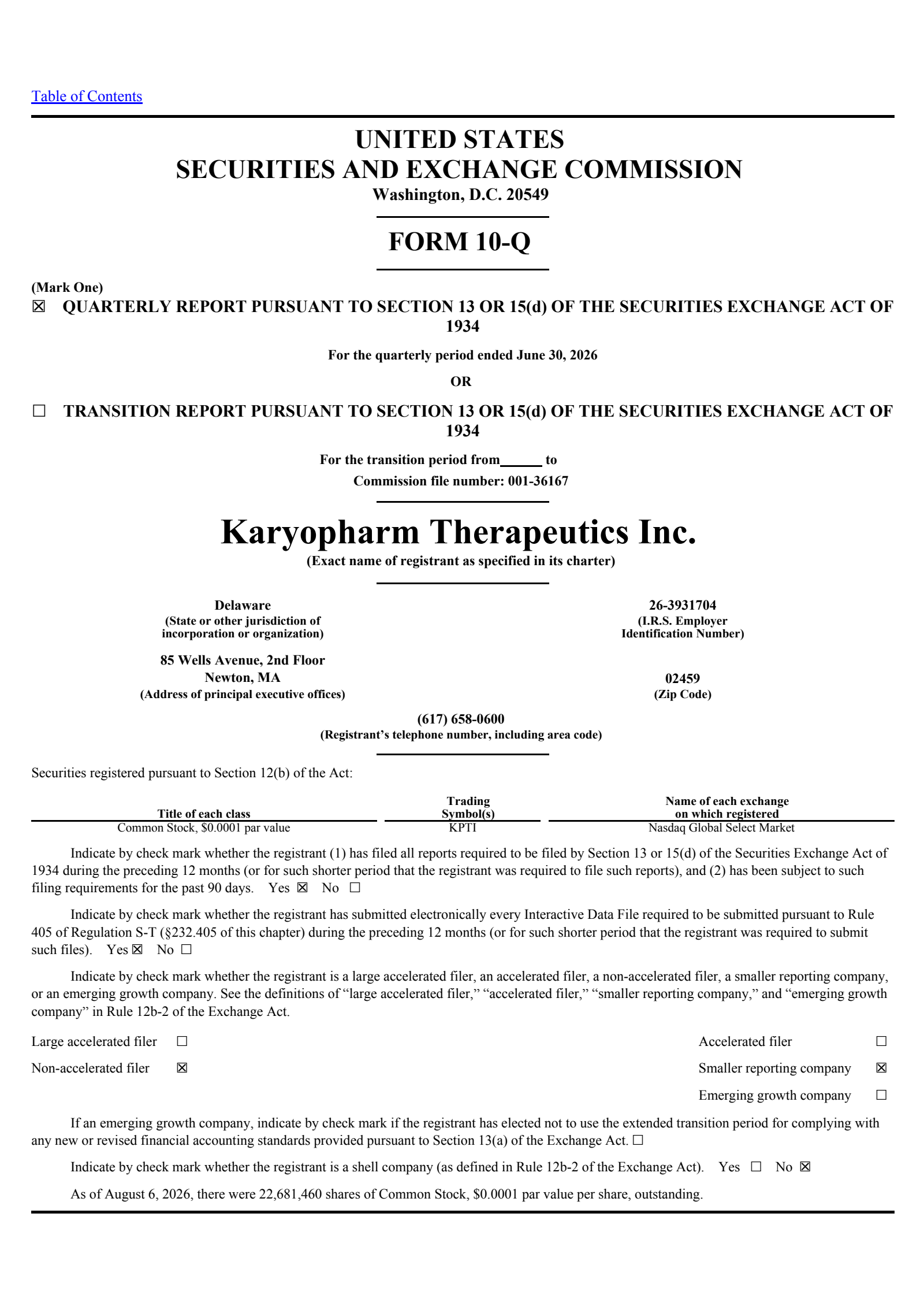 Karyopharm Therapeutics' Q2 2026 Quarterly report