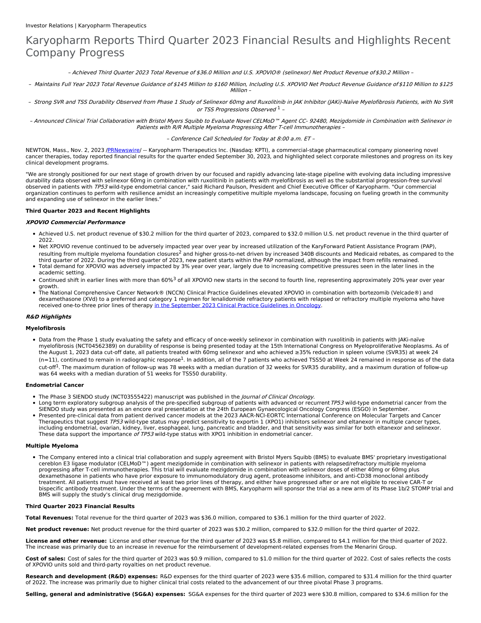Karyopharm Therapeutics' Q3 2023 Press Release