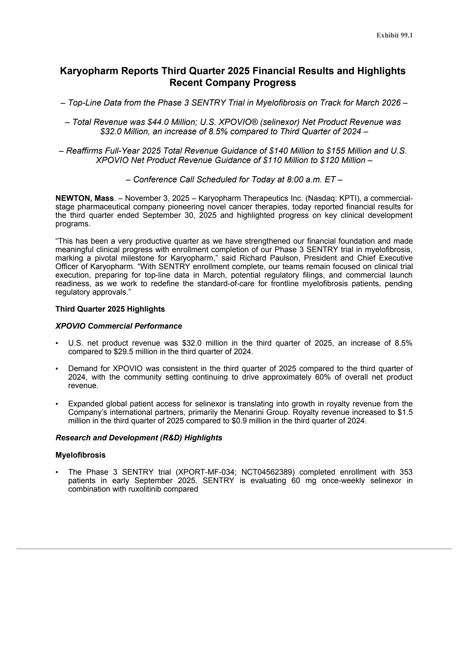 Karyopharm Therapeutics' Q3 2025 Earnings Release