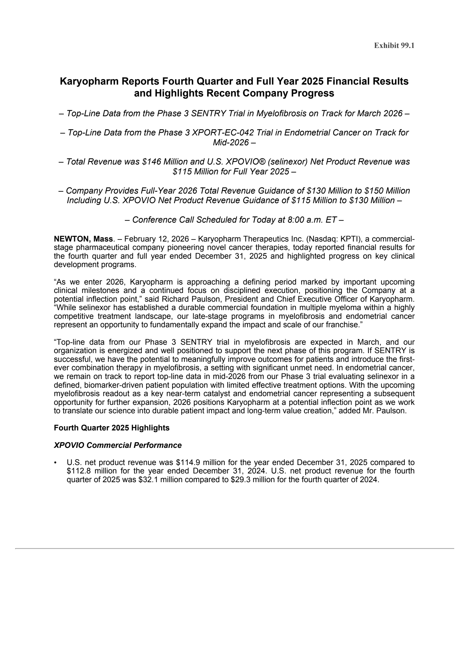 Karyopharm Therapeutics' Q4 2025 Press Release