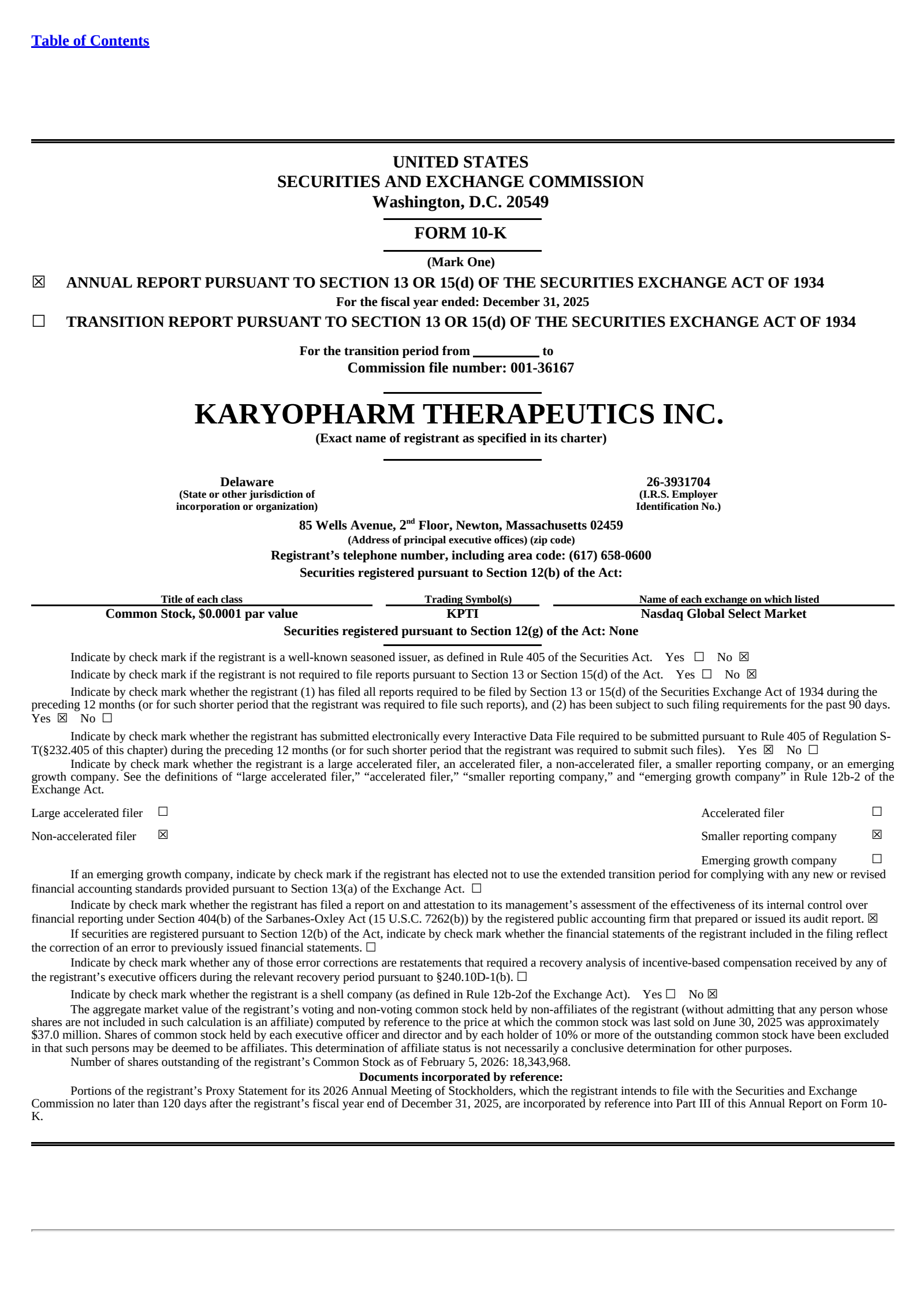 Karyopharm Therapeutics' Q4 2025 Annual report