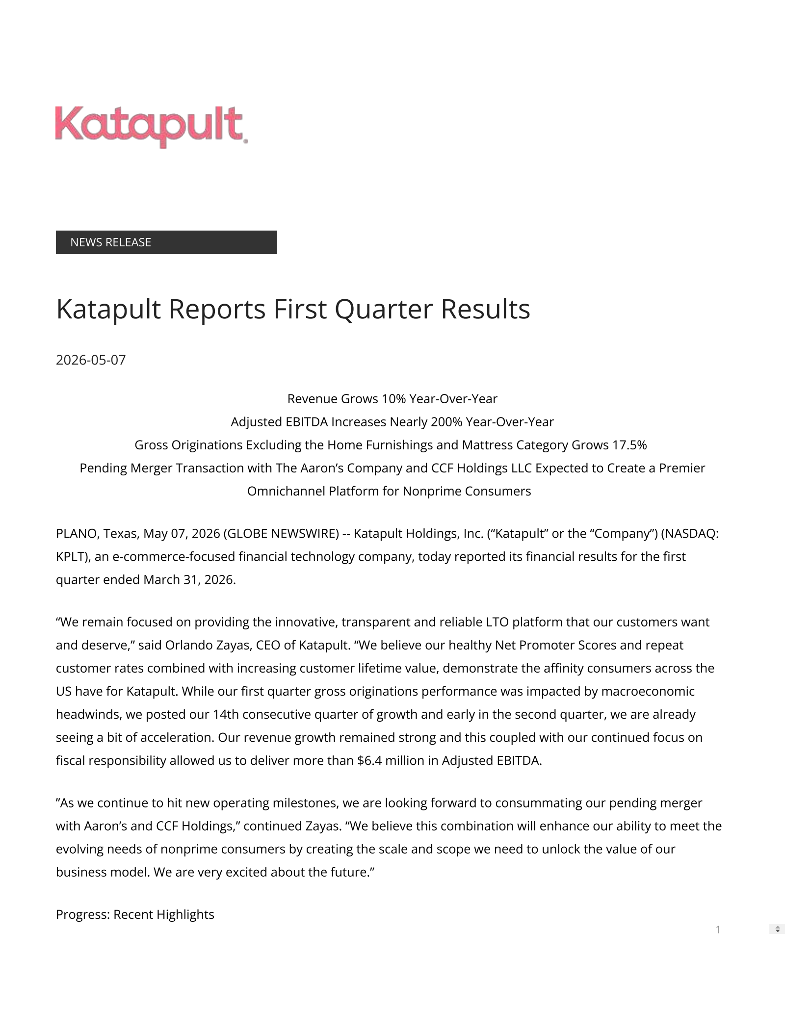 Katapult's Q1 2026 Press Release