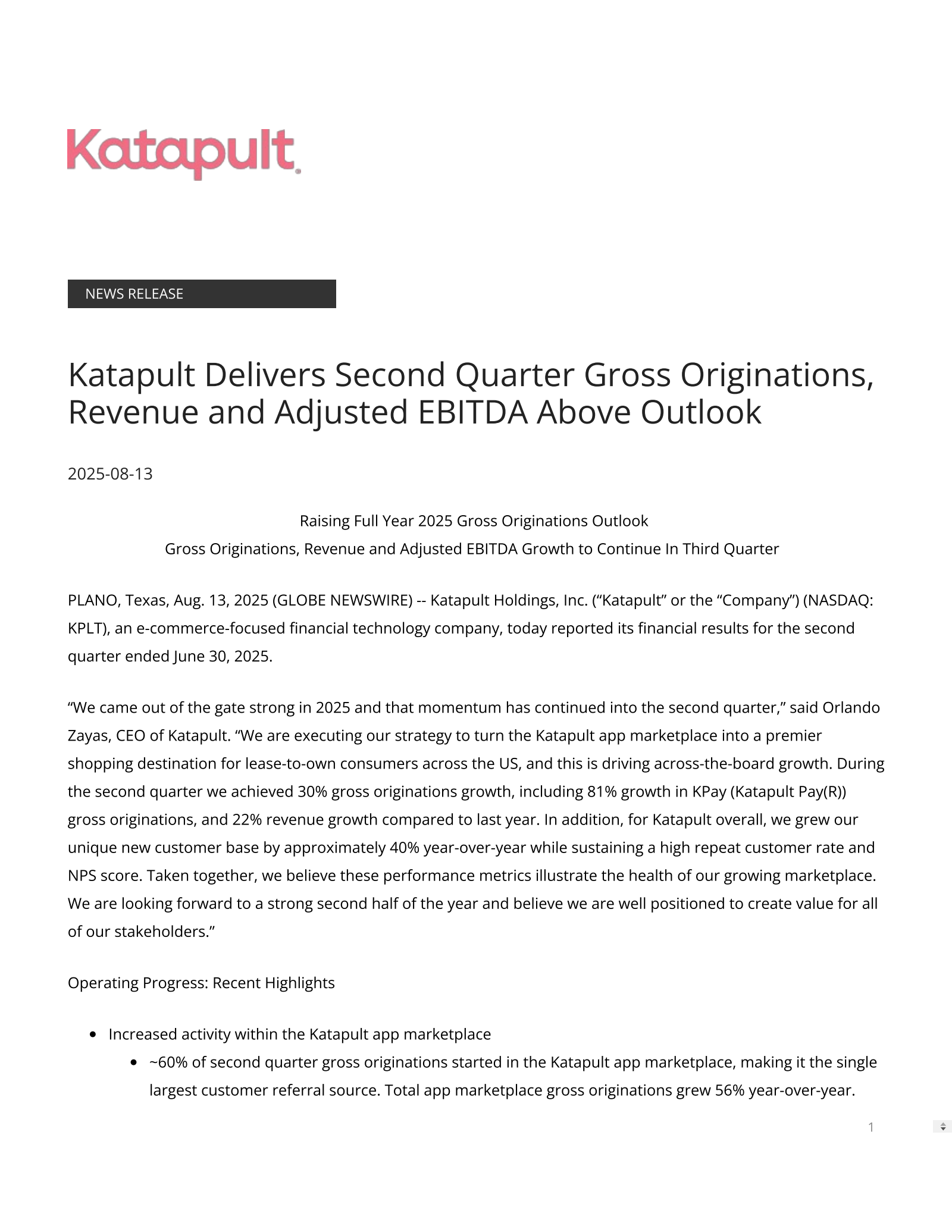 Katapult's Q2 2025 Press Release