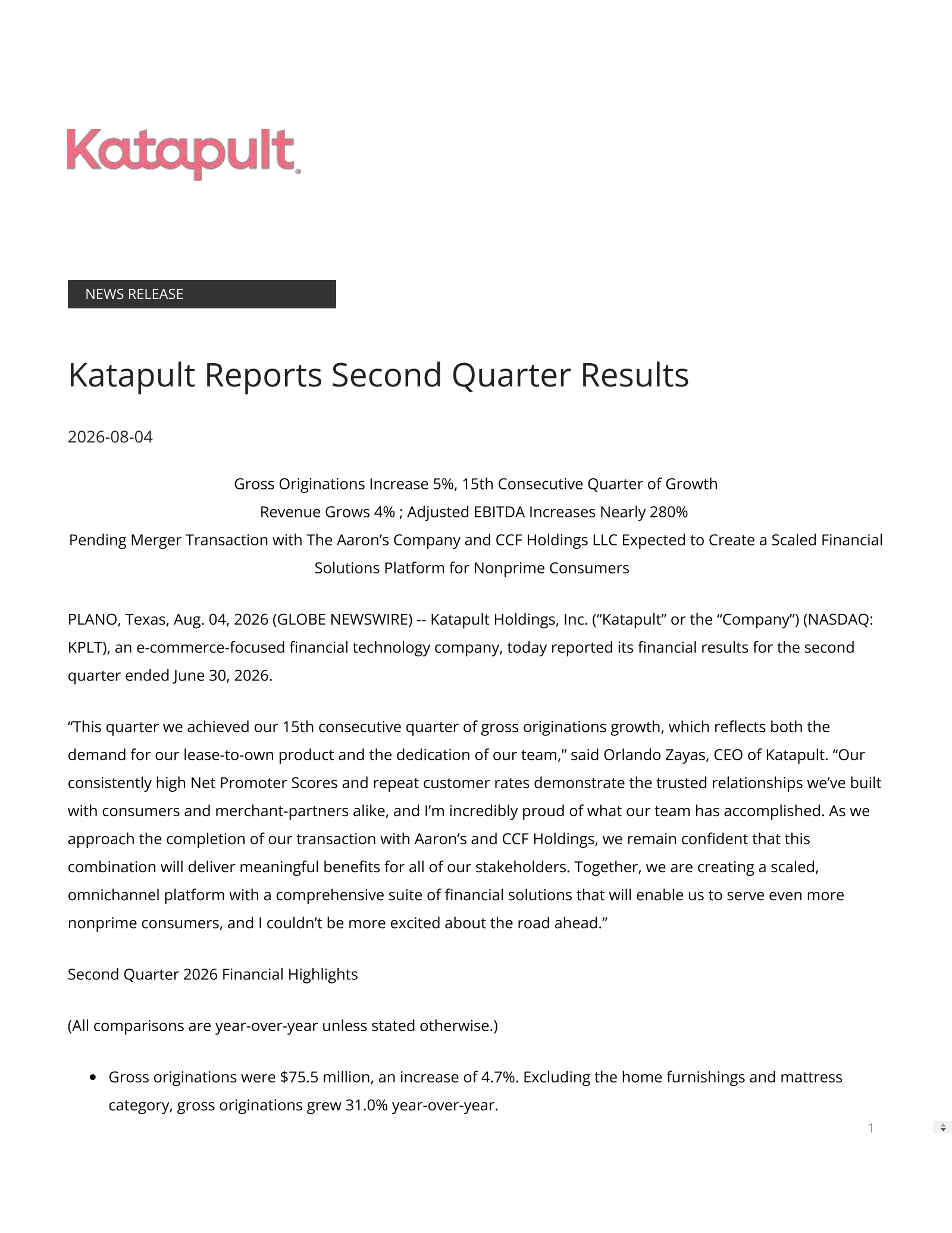 Katapult's Q2 2026 Press Release