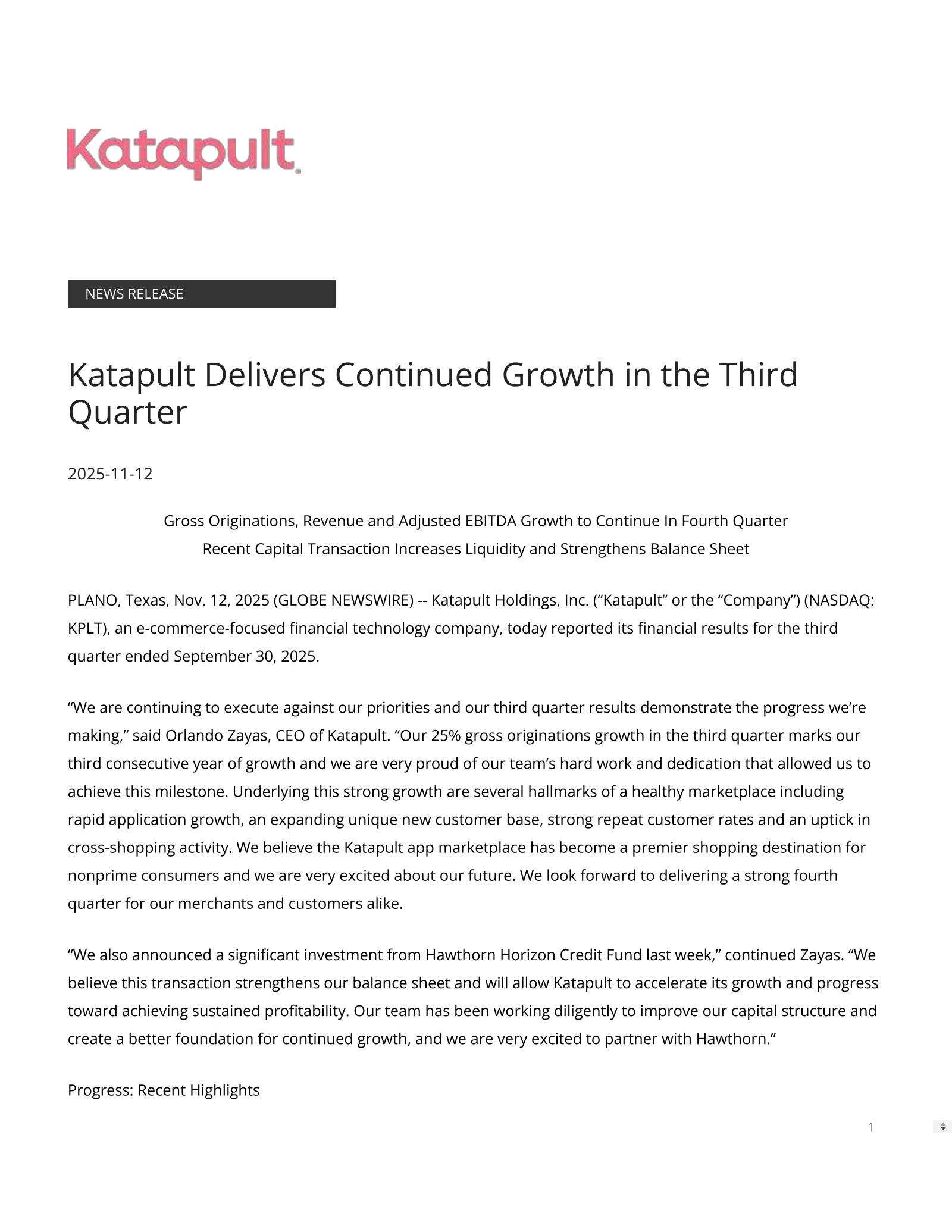 Katapult's Q3 2025 Earnings Release