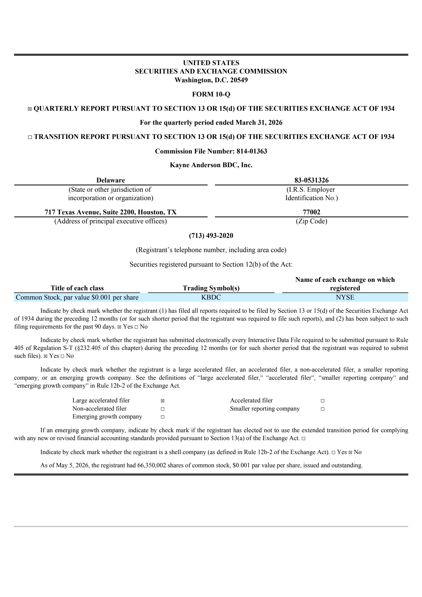 Kayne Anderson BDC's Q1 2026 Quarterly report