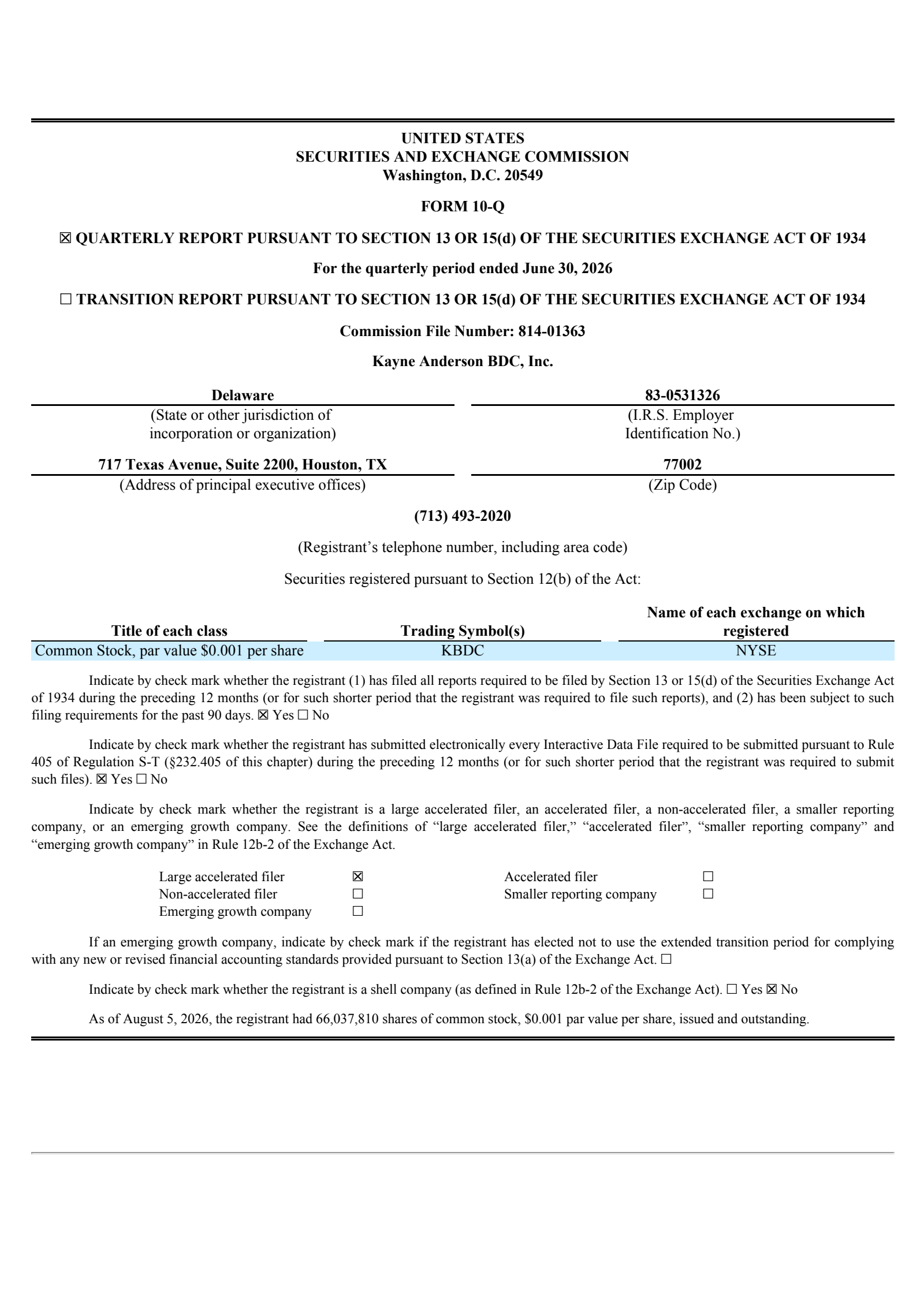 Kayne Anderson BDC's Q2 2026 Quarterly report