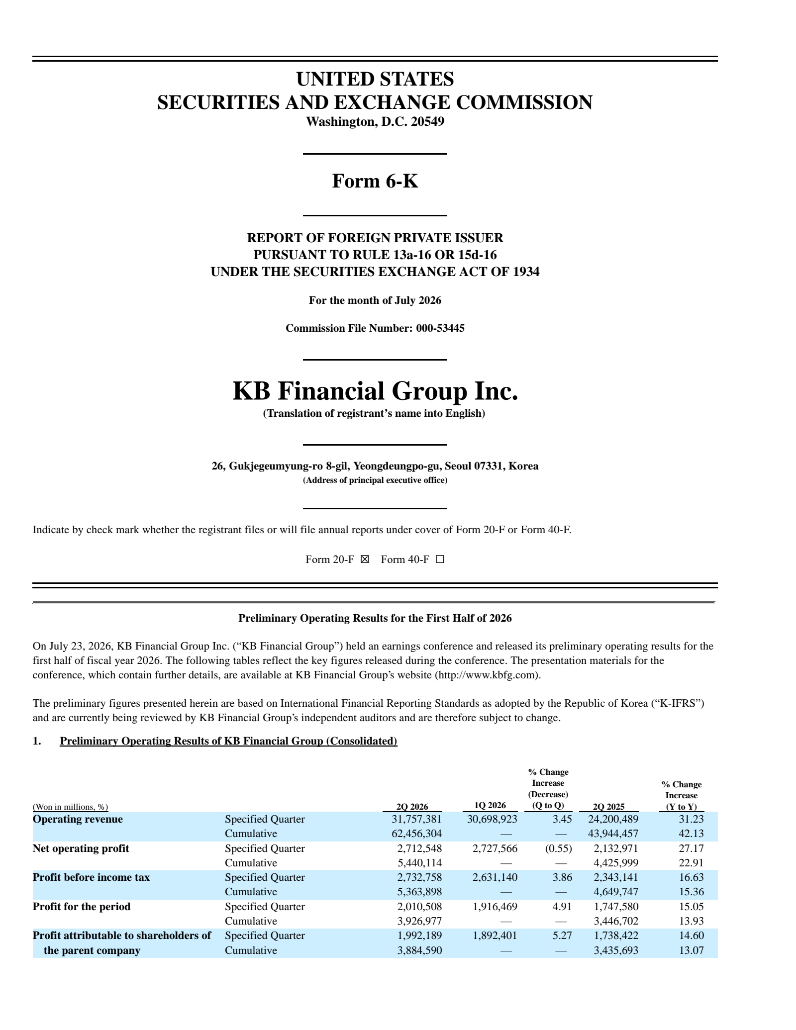 KB Financial Group's Q2 2026 Press Release